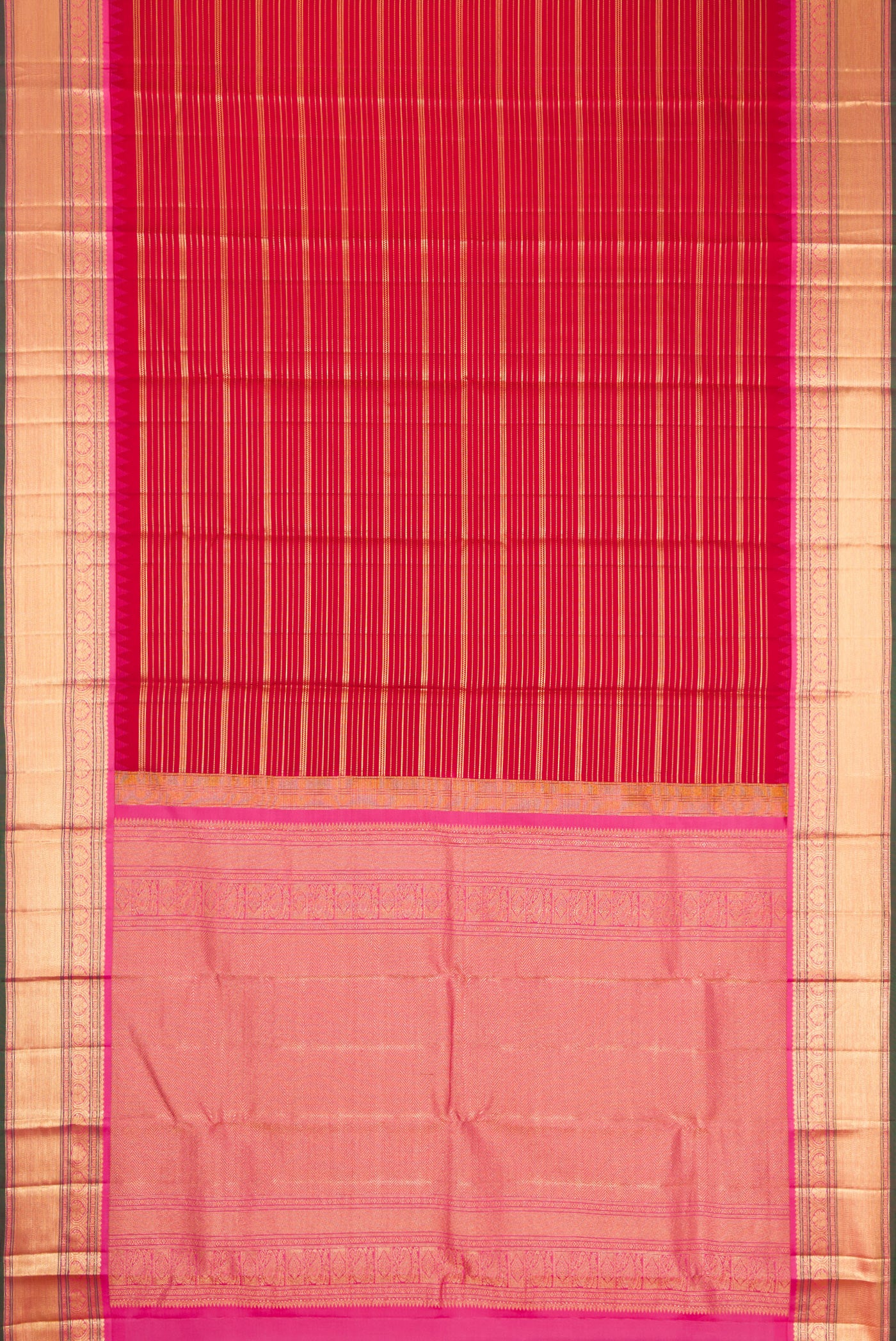 Flat view of Red Dual Tone Kanjivaram Silk Saree with Stripes on the body and Zari Border. 