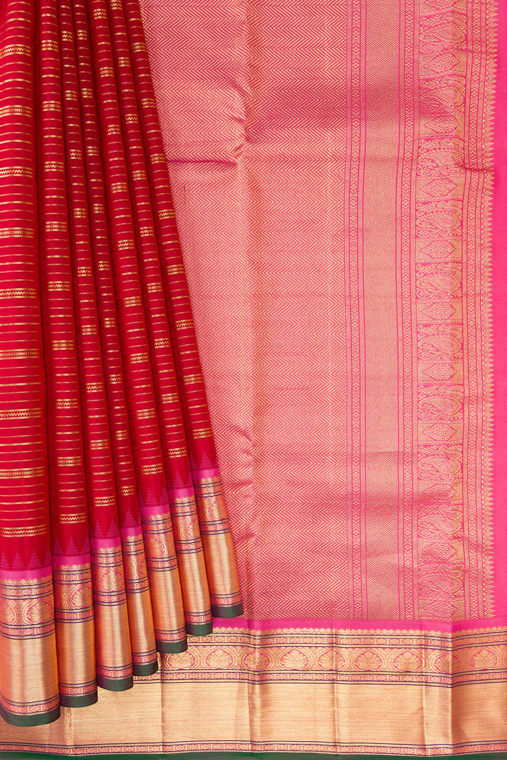 Pleats and pallu of Red Dual Tone Kanjivaram Silk Saree with Stripes on the body and Zari Border. 