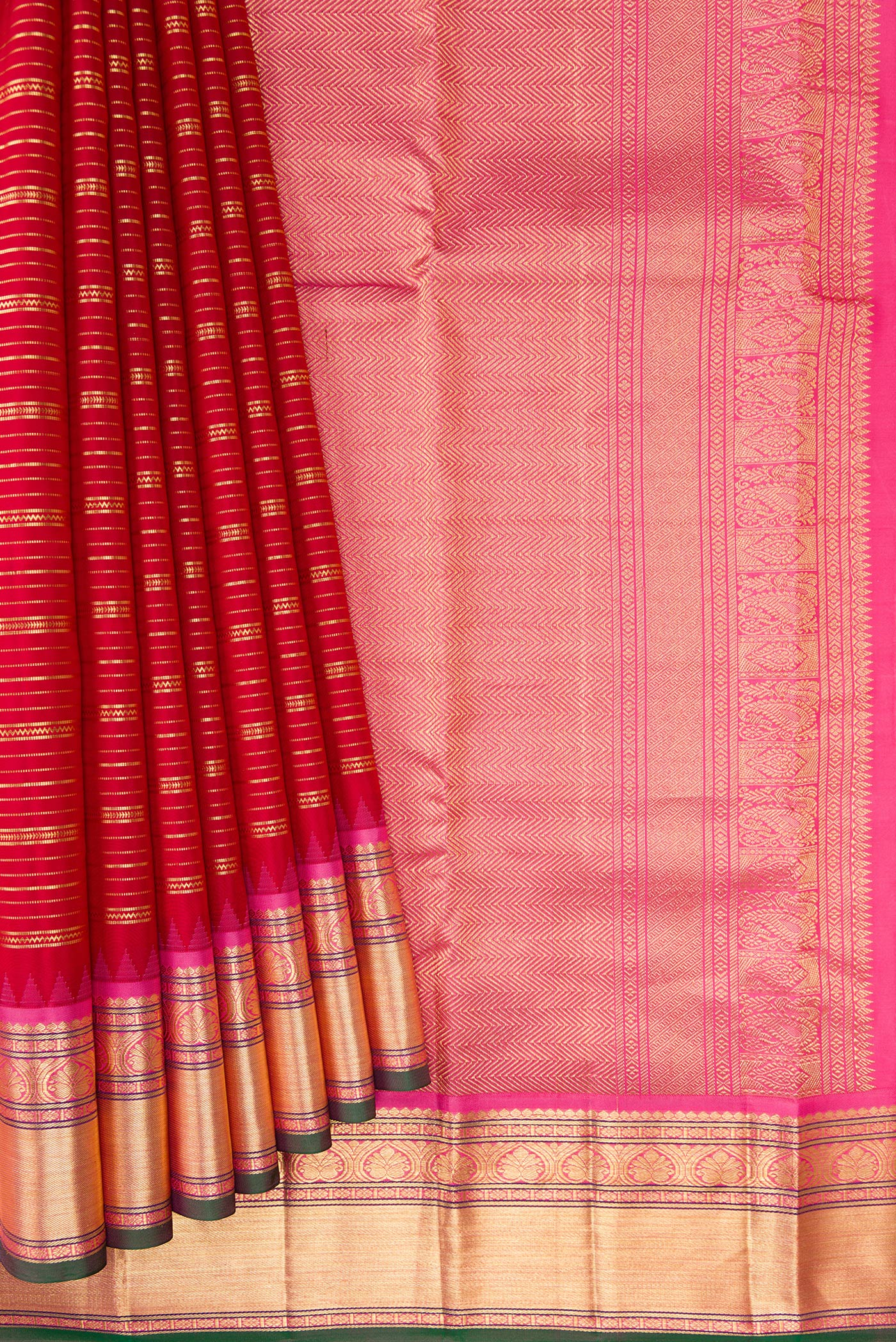 Pleats and pallu of Red Dual Tone Kanjivaram Silk Saree with Stripes on the body and Zari Border. 