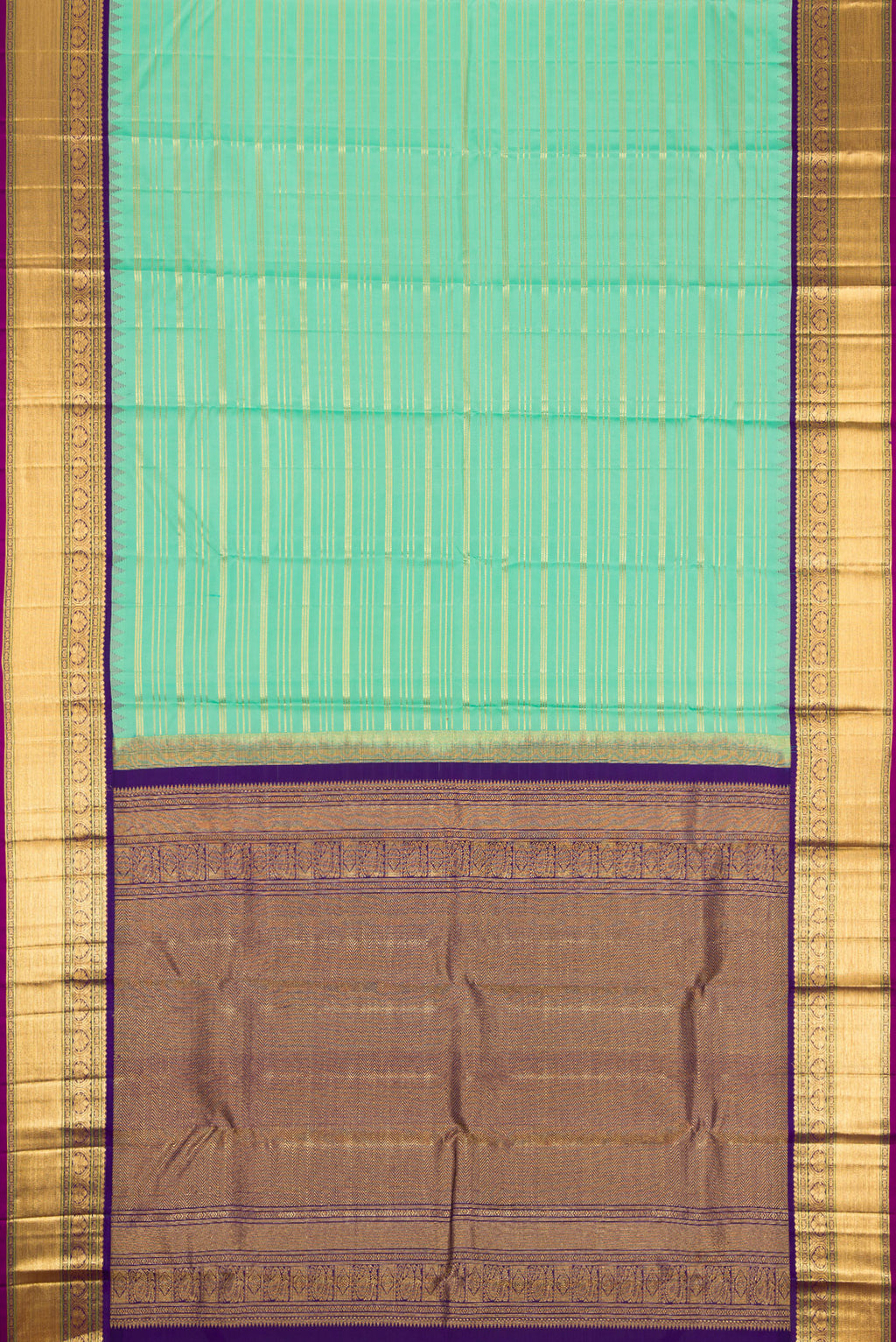 Flat view of Sea Green Dual Tone Kanjivaram Silk Saree with Stripes on the body and Zari Border. 