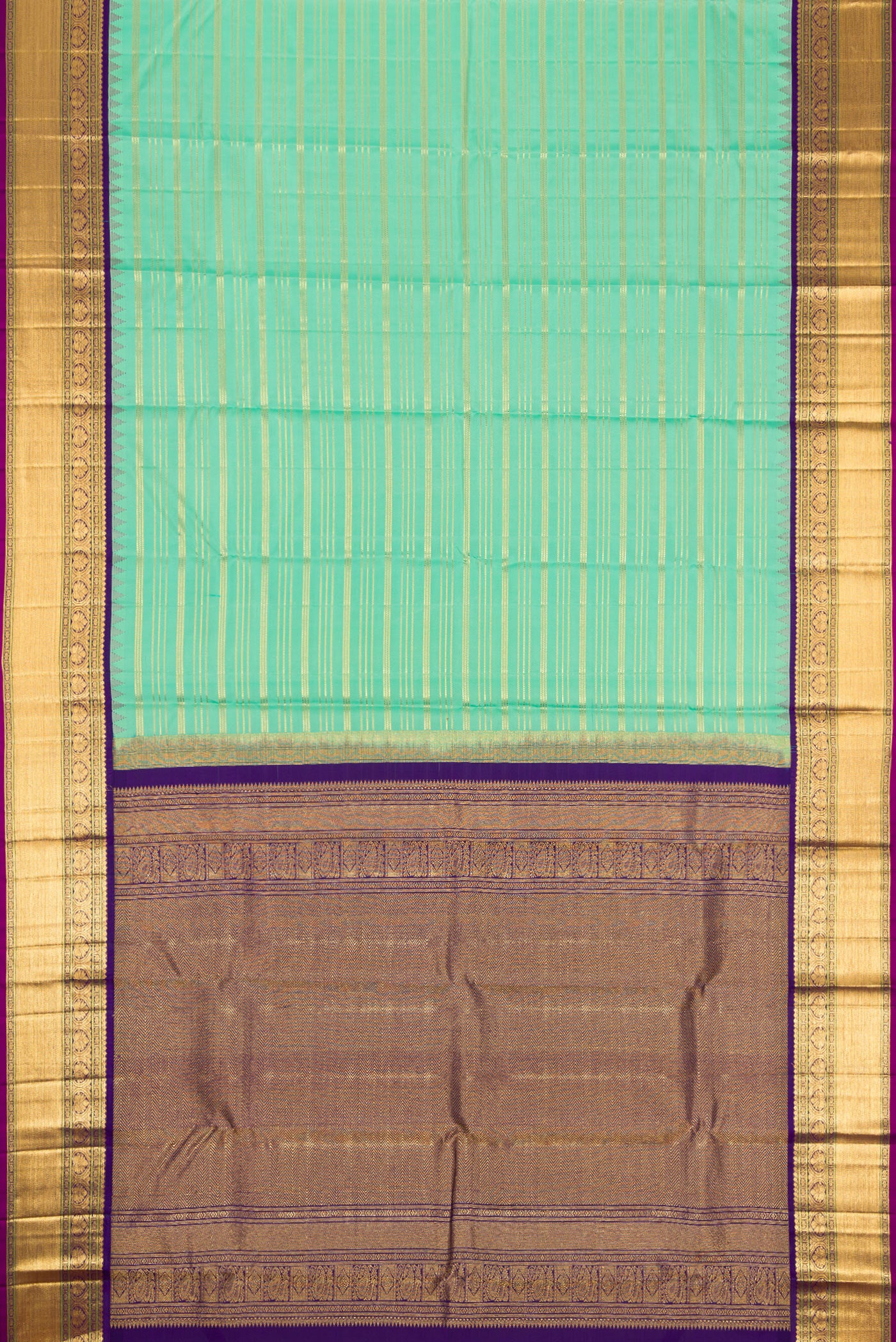 Flat view of Sea Green Dual Tone Kanjivaram Silk Saree with Stripes on the body and Zari Border. 