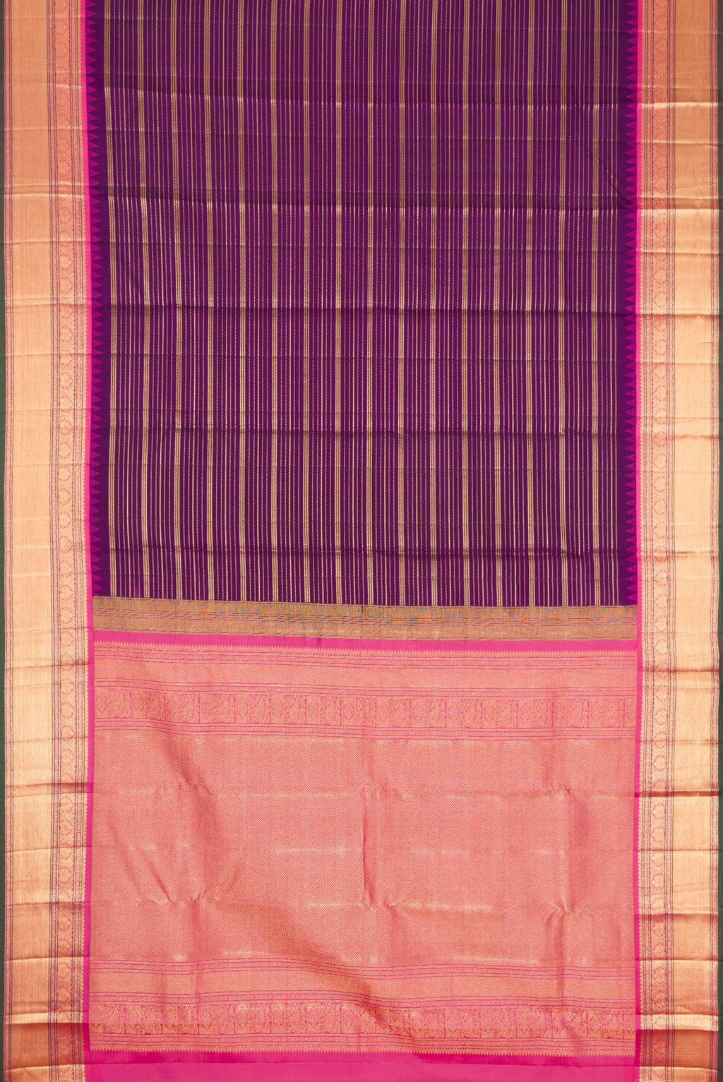 Flat view of Violet Dual Tone Kanjivaram Silk Saree with Stripes on the body and Zari Border. 