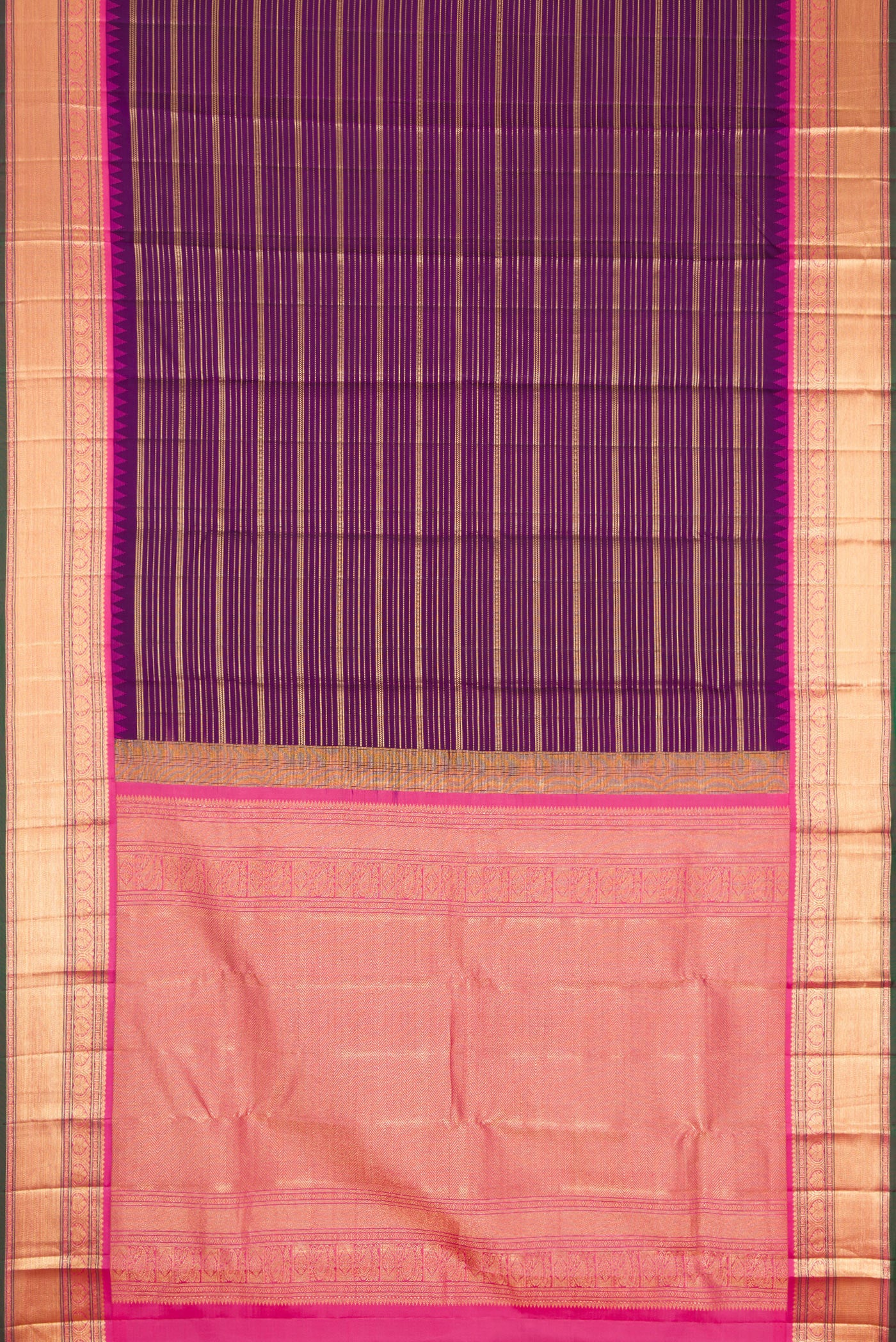 Flat view of Violet Dual Tone Kanjivaram Silk Saree with Stripes on the body and Zari Border. 
