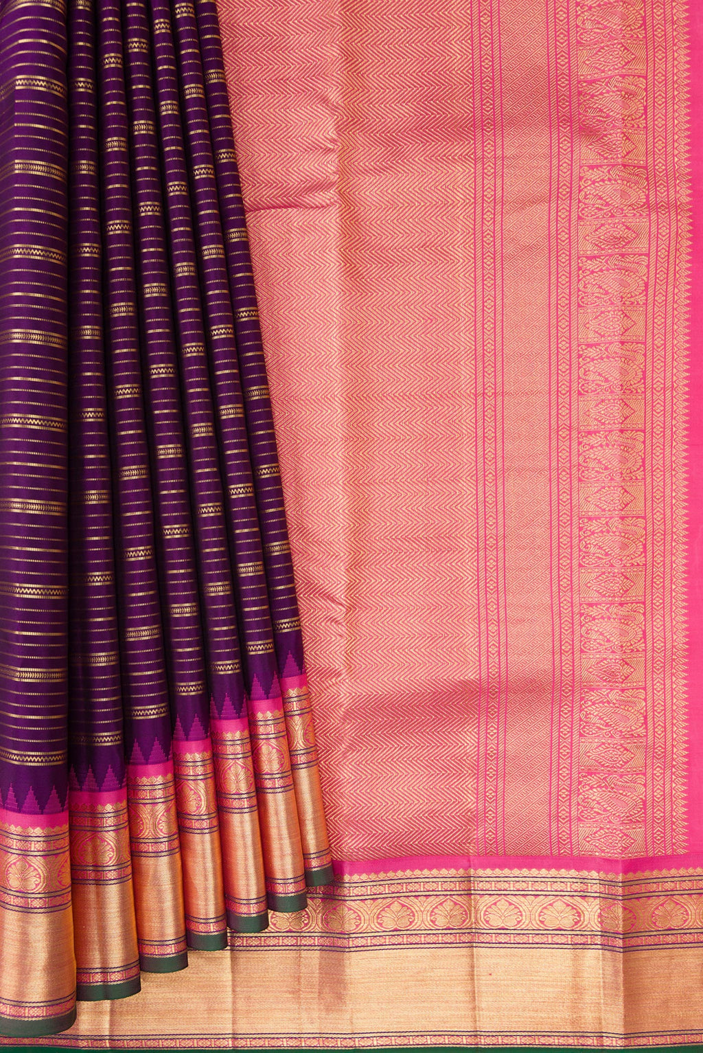 Pleats and pallu of Violet Dual Tone Kanjivaram Silk Saree with Stripes on the body and Zari Border. 