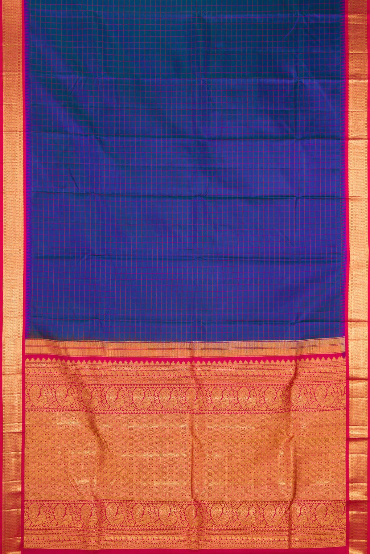 Flat view of Pure Silk Peacock Blue Kanjivaram Saree with Checked design on the body and Zari Border. 