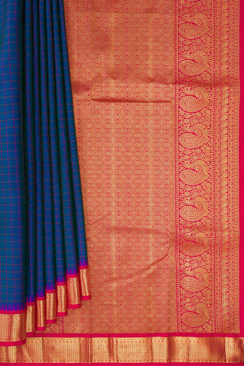 Pleats and pallu of Pure Silk Peacock Blue Kanjivaram Saree with Checked design on the body and Zari Border. 