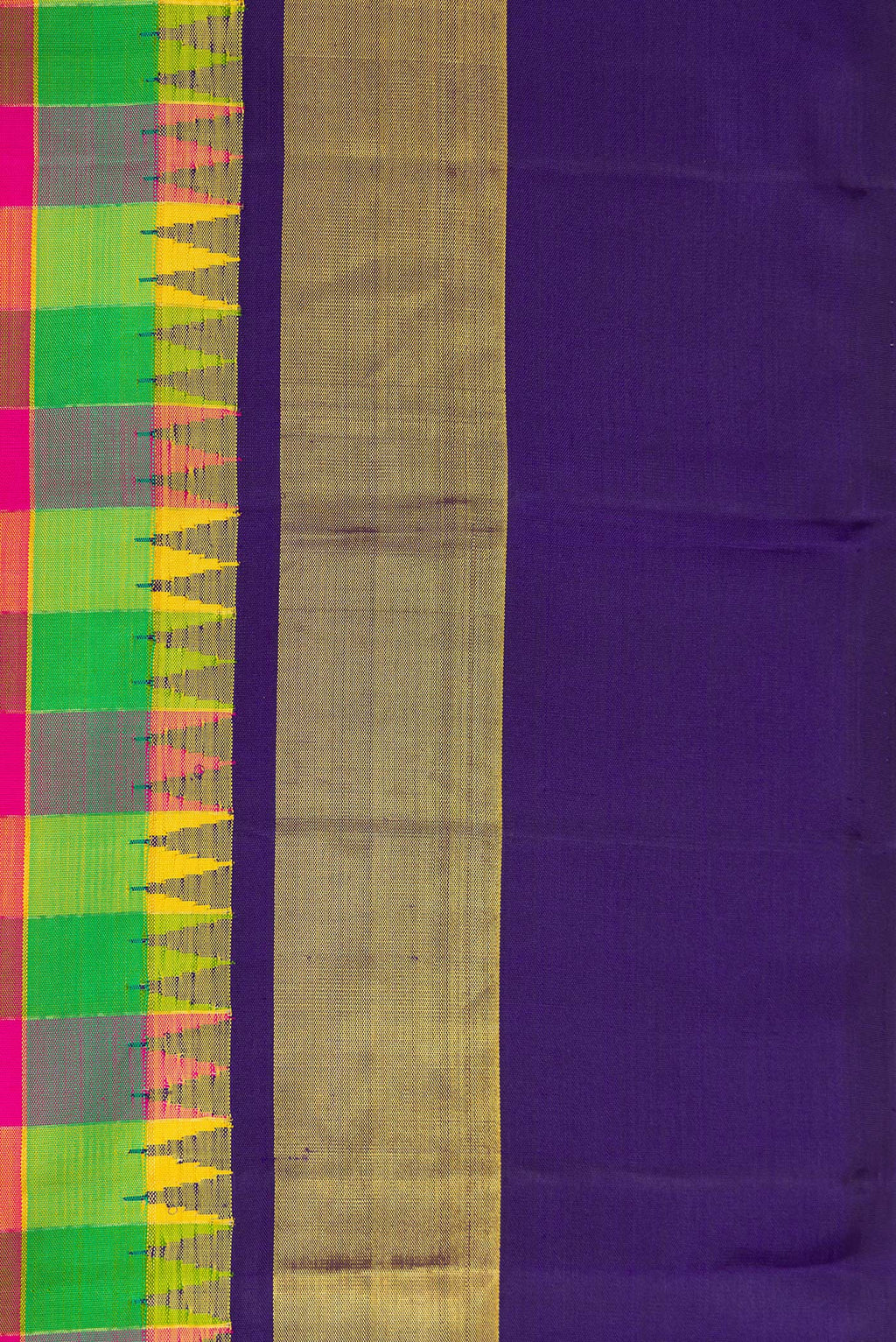 Border image of Pure Silk Pure Zari Green, Pink and Yellow Color Kanjivaram Saree with Checked design on the body and Zari Border. 