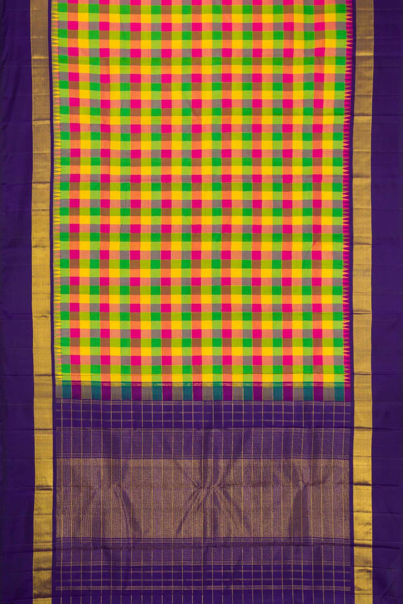 Flat view of Pure Silk Pure Zari Green, Pink and Yellow Color Kanjivaram Saree with Checked design on the body and Zari Border. 