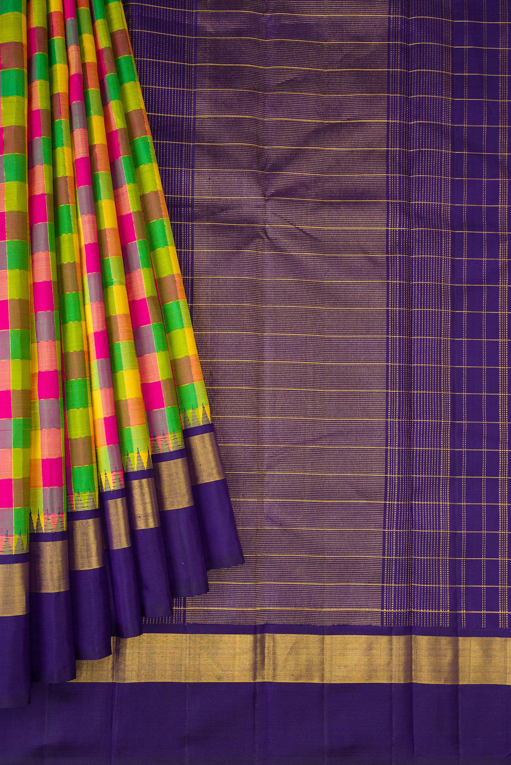 Pleats and pallu of Pure Silk Pure Zari Green, Pink and Yellow Color Kanjivaram Saree with Checked design on the body and Zari Border. 