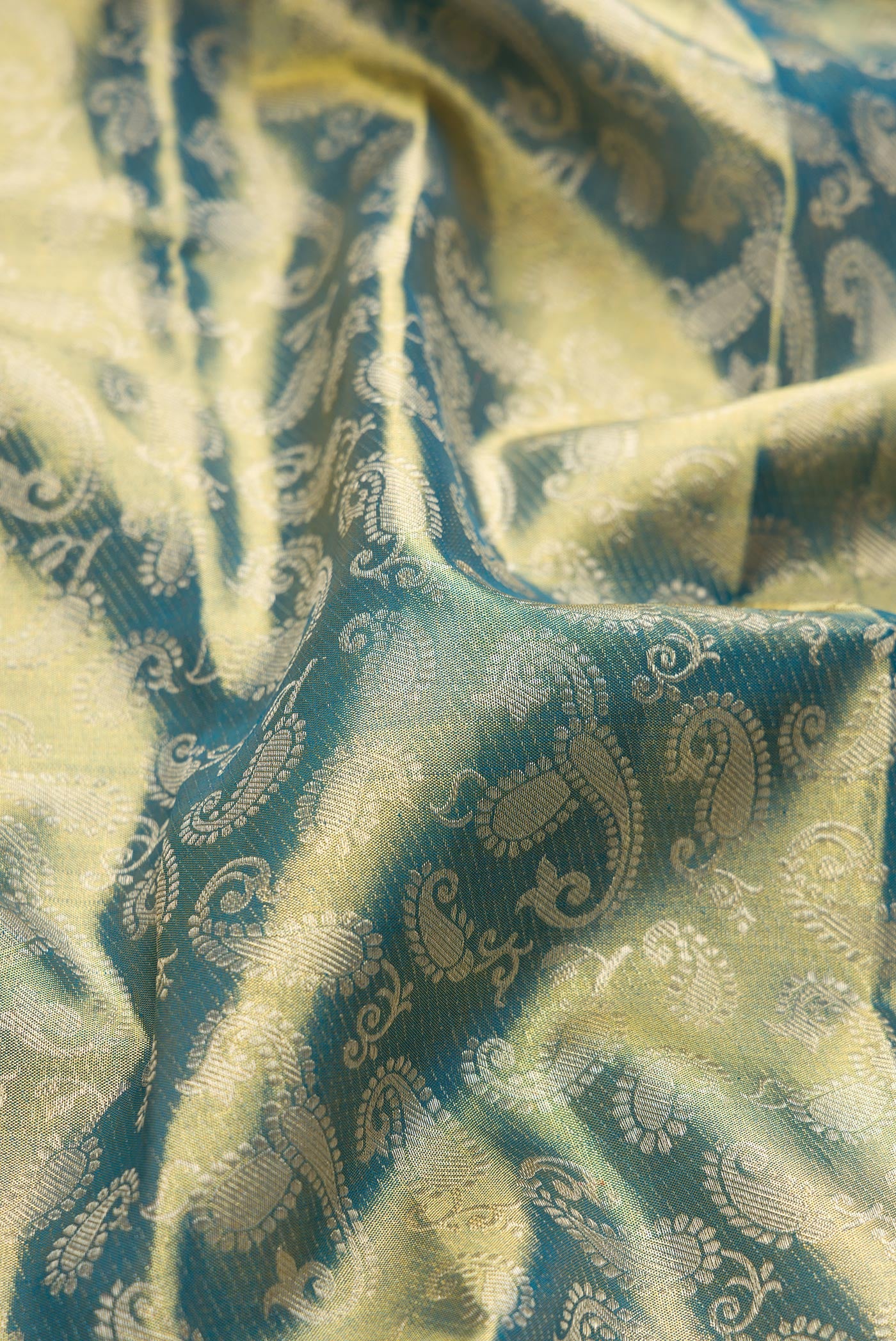 Close up of Green Dual Tone Kanchipuram Tissue Silk Saree with Zari Brocade on the body and Zari Border.  displaying folds
