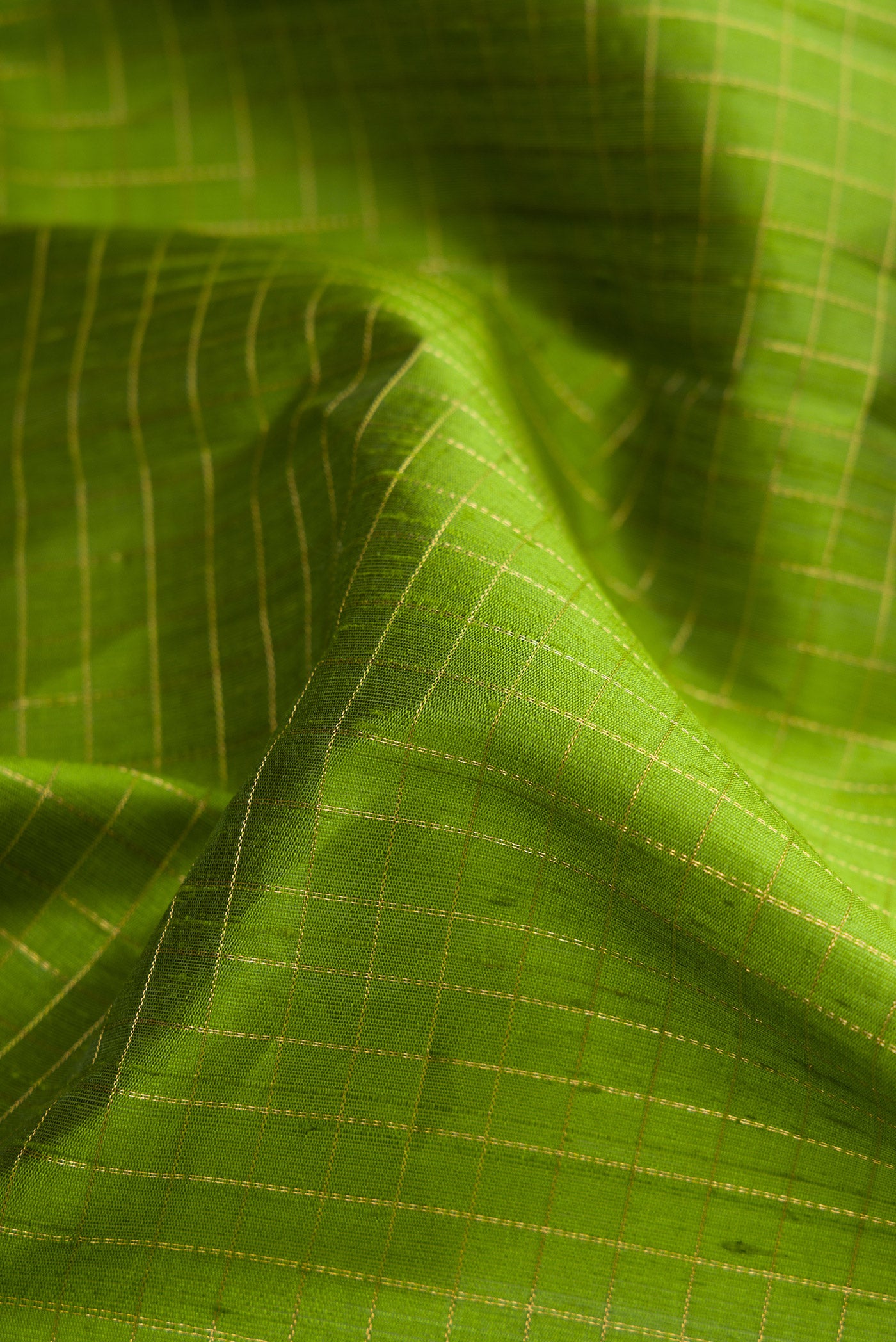 Close up of Green Dual Tone Raw Silk Saree with Stripes on the body and Zari Border.  displaying folds