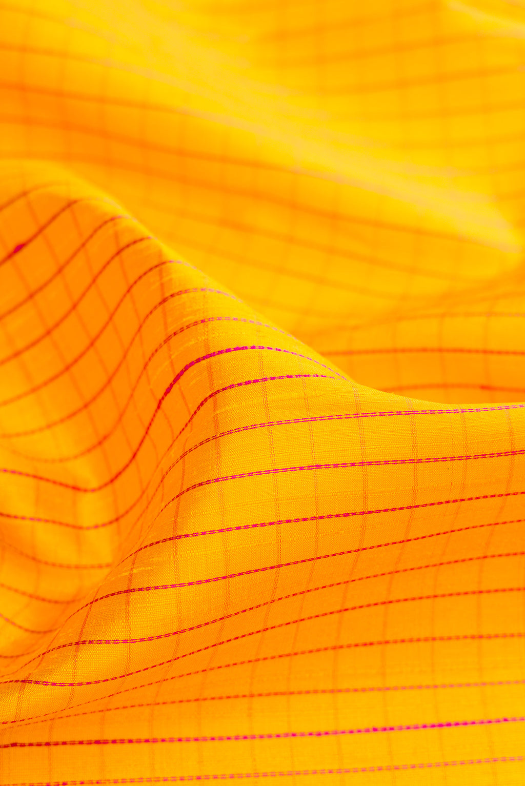 Close up of Yellow Dual Tone Raw Silk Saree with Checked design on the body and Zari Border.  displaying folds