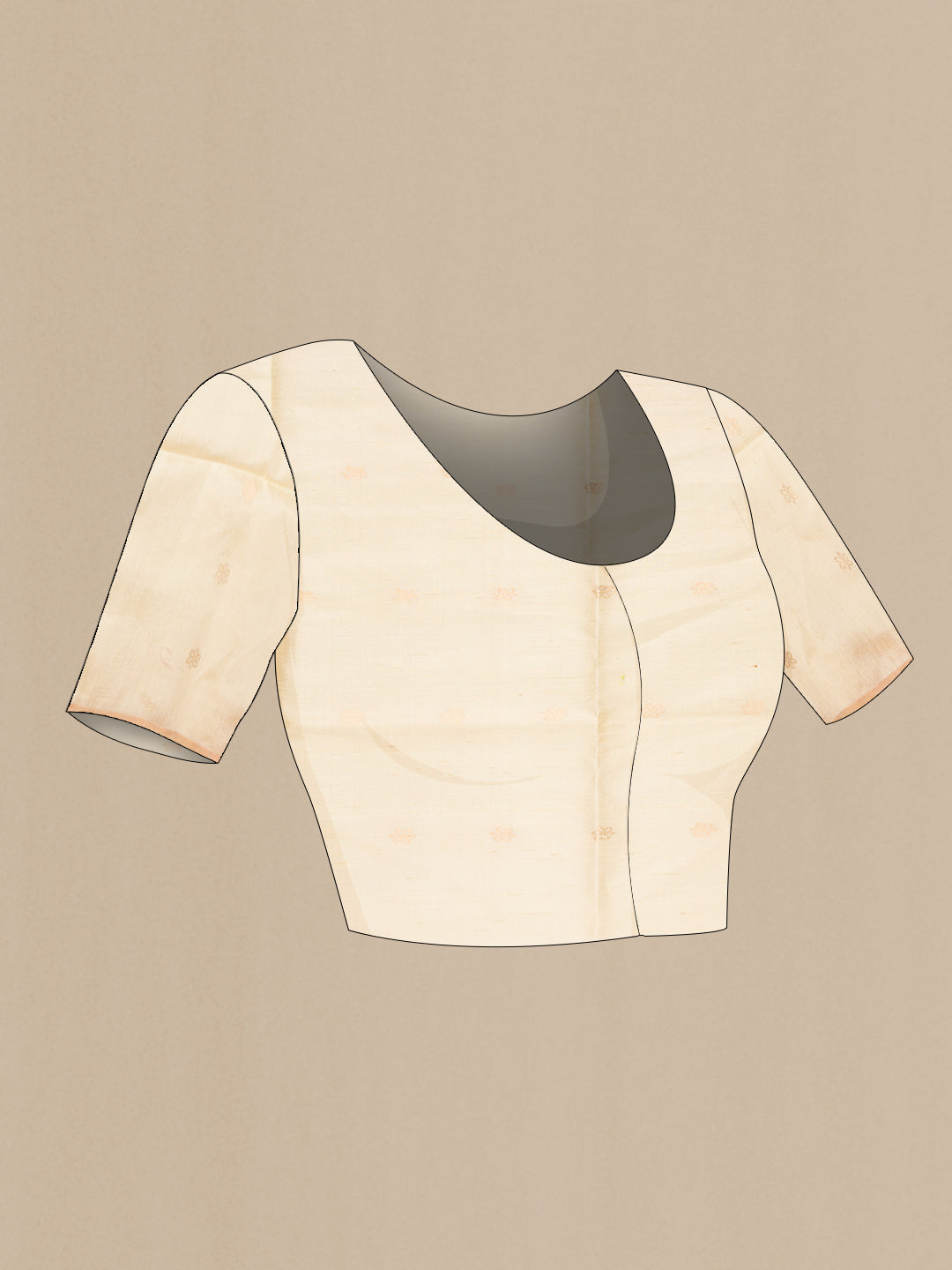Close up image of the blouse of Rose pink Raw Silk Saree with Zari Butta on the body and Thin Zari Line. 