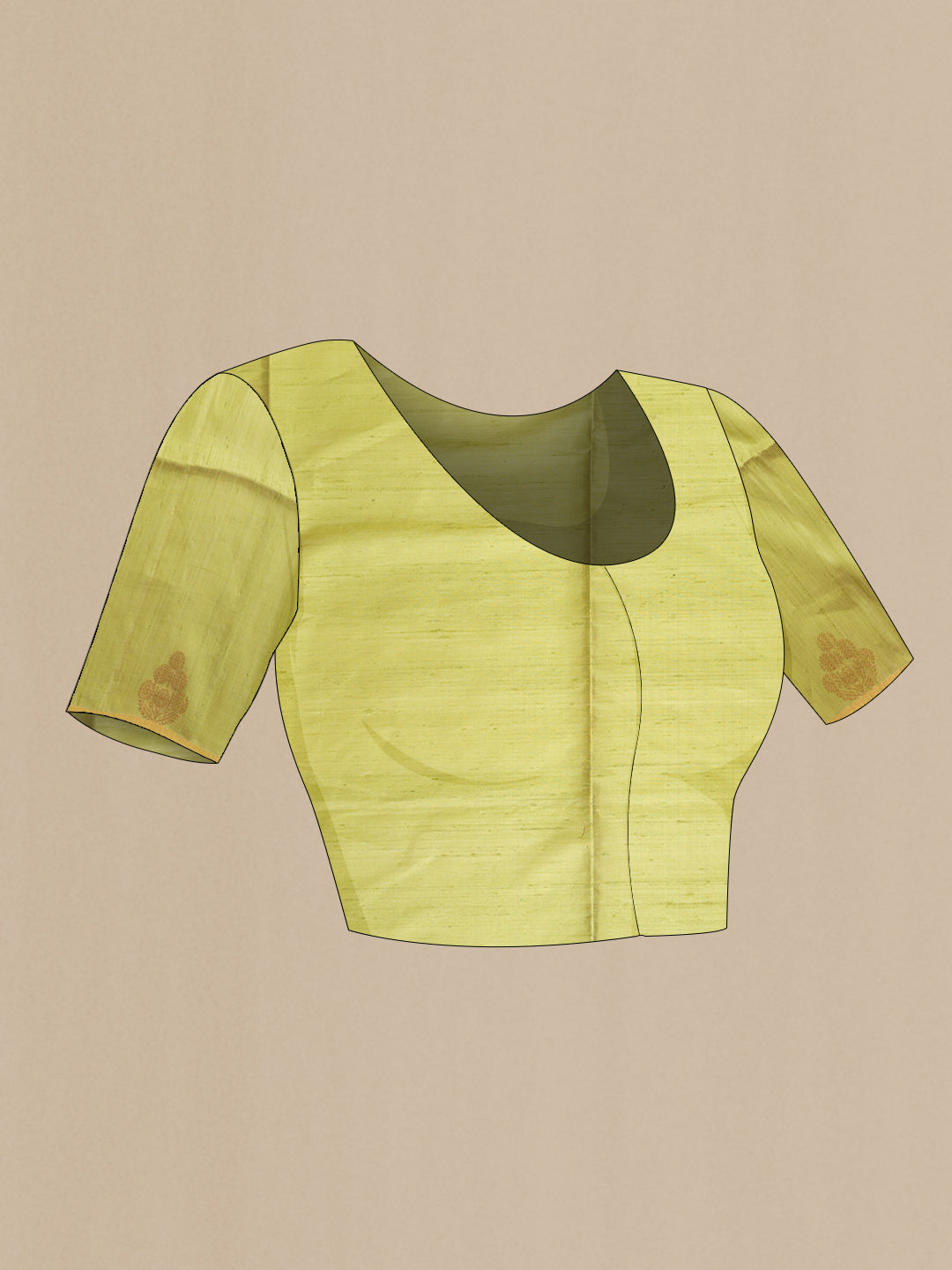 Close up image of the blouse of Lemon Yellow Dual Tone Raw Silk Saree with Zari Butta on the body and Zari Border. 
