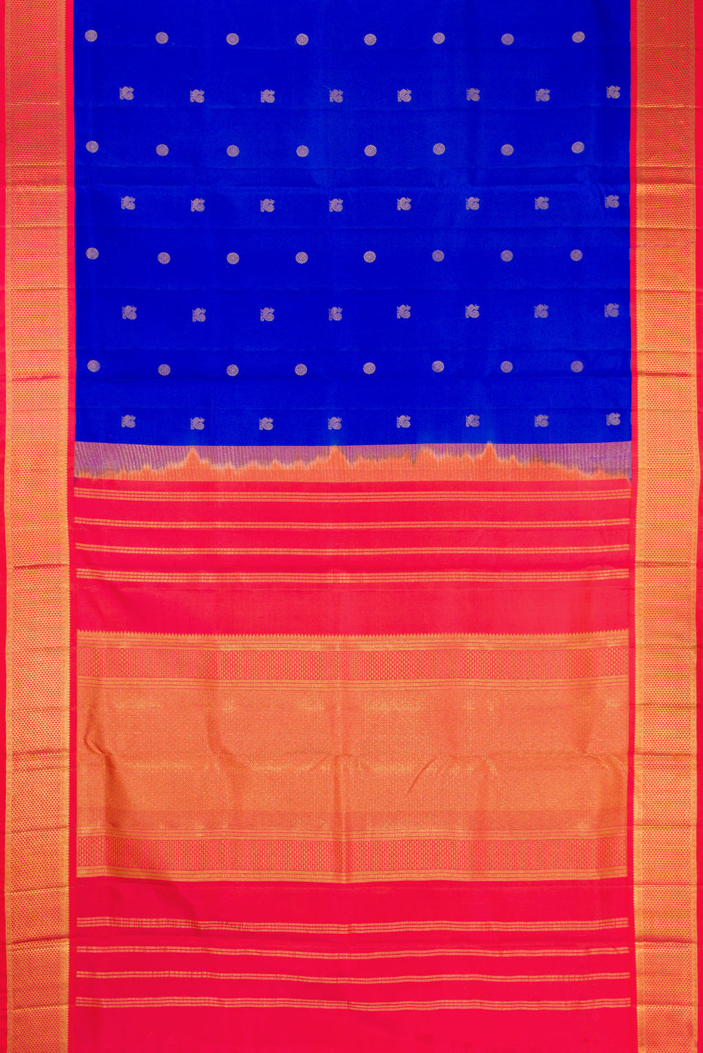 Flat view of Pure Silk Pure Zari Royal Blue Dual Tone Kanjivaram Nine Yards Saree with Zari Butta on the body and Zari Border. 