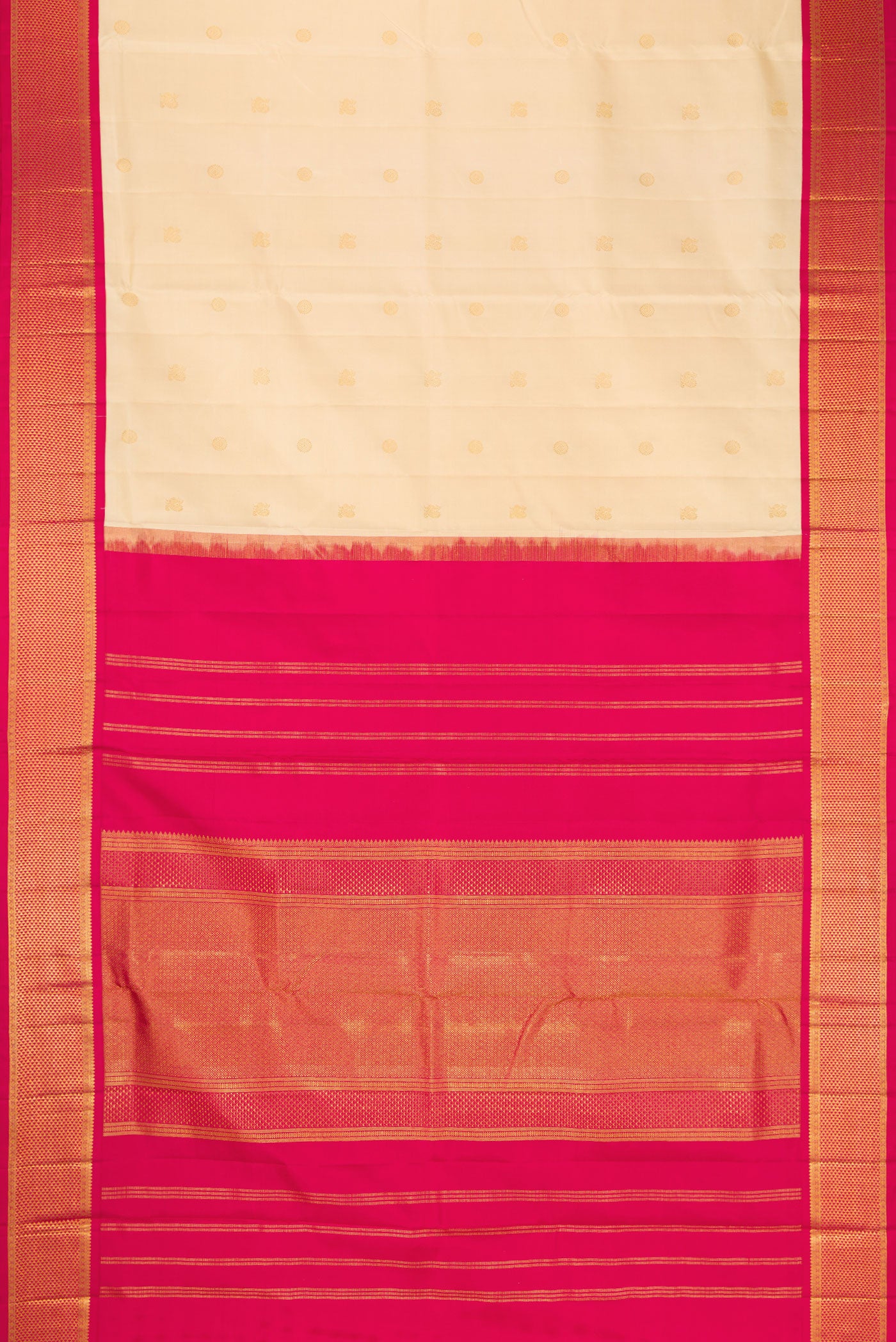 Flat view of Pure Silk Pure Zari Off White Dual Tone Kanjivaram Nine Yards Saree with Zari Butta on the body and Zari Border. 