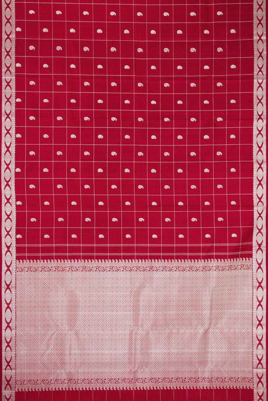 Flat view of Maroon Dual Tone Kanjivaram Silk Saree with Checked design on the body and Fancy Border. 