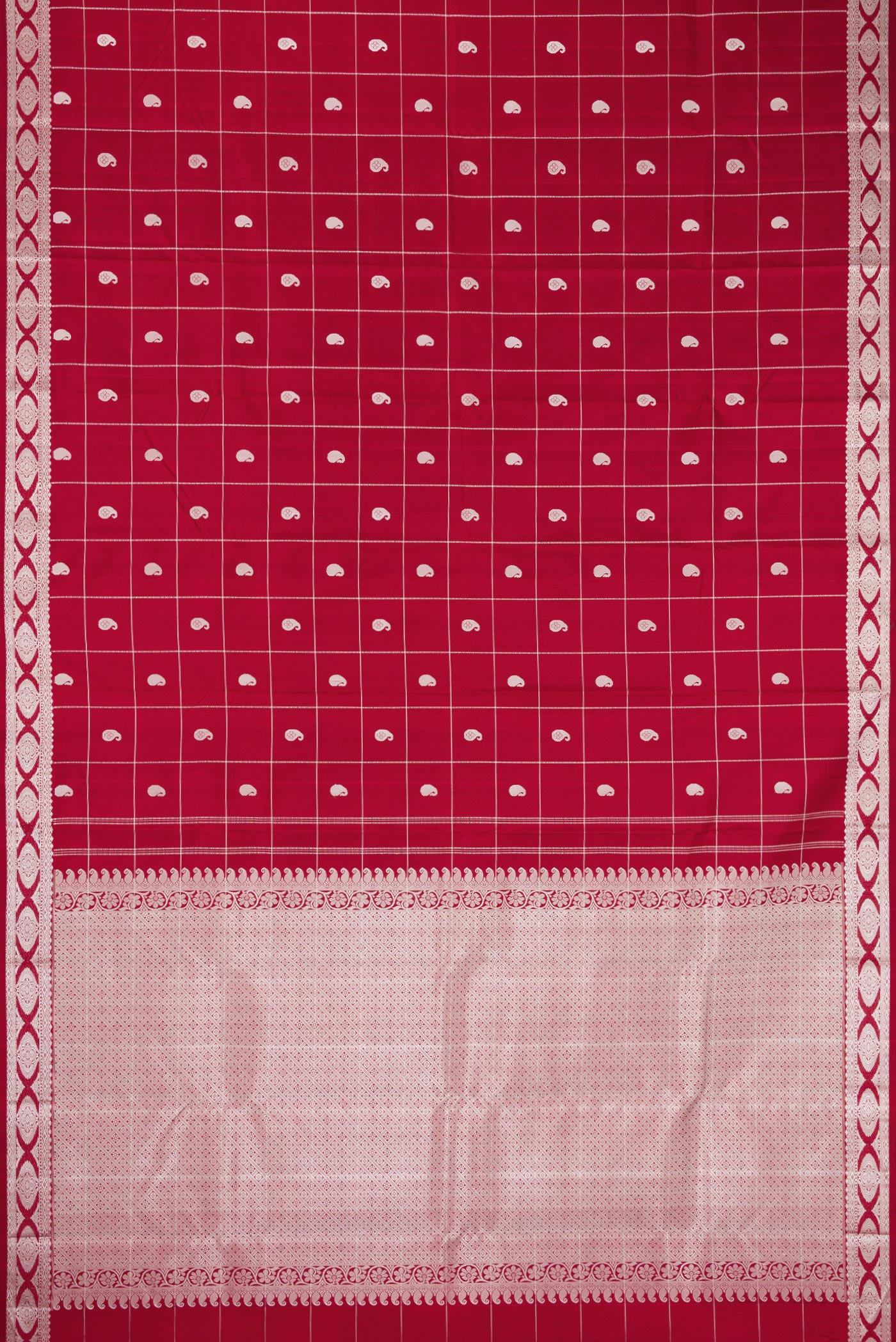 Flat view of Maroon Dual Tone Kanjivaram Silk Saree with Checked design on the body and Fancy Border. 