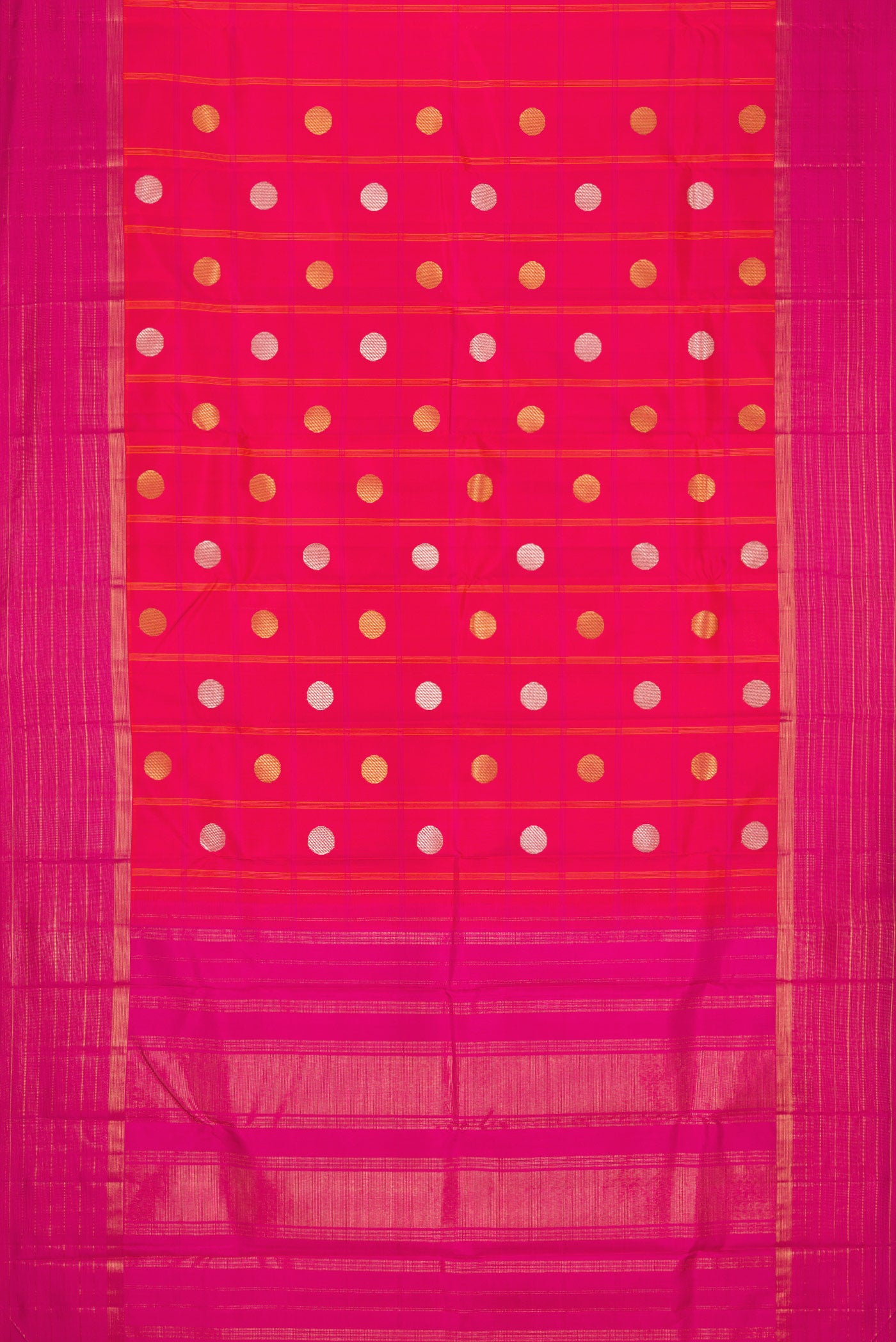 Flat view of Pure Silk Pure Zari Coral Dual Tone Kanjivaram Saree with Checked design on the body and Zari Border. 