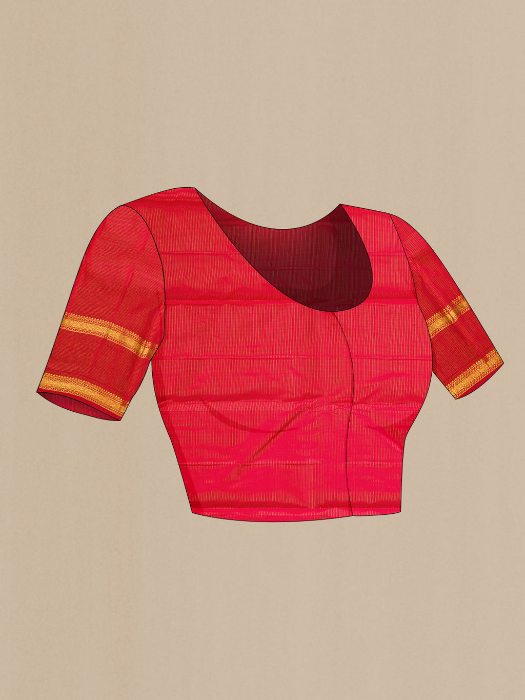 Close up image of the blouse of Pure Silk Pure Zari Red Dual Tone Kanjivaram Saree with Stripes on the body and Zari Border. 
