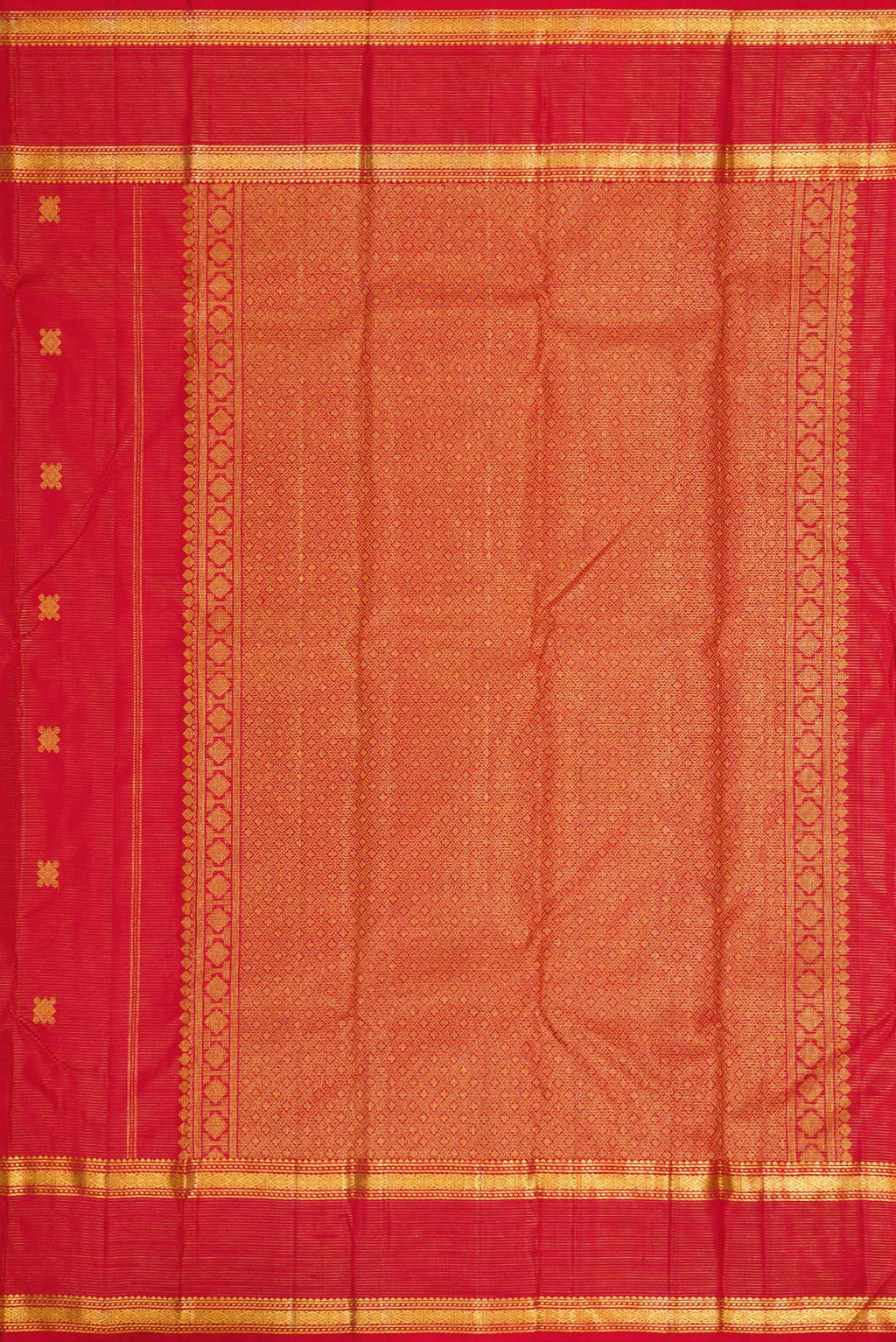 Close up image of the pallu of Pure Silk Pure Zari Red Dual Tone Kanjivaram Saree with Stripes on the body and Zari Border. 