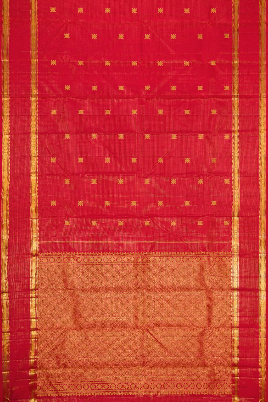 Flat view of Pure Silk Pure Zari Red Dual Tone Kanjivaram Saree with Stripes on the body and Zari Border. 