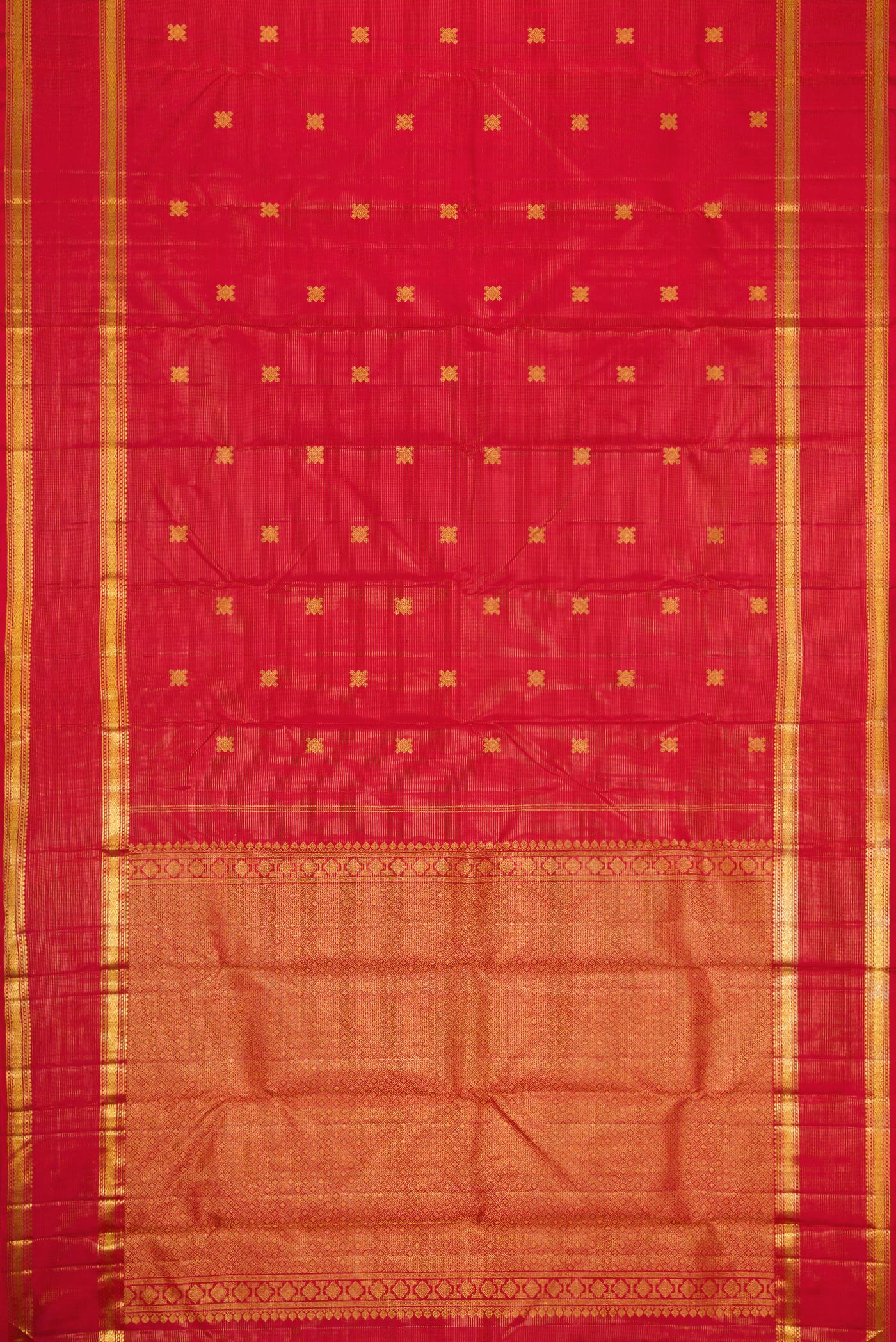 Flat view of Pure Silk Pure Zari Red Dual Tone Kanjivaram Saree with Stripes on the body and Zari Border. 