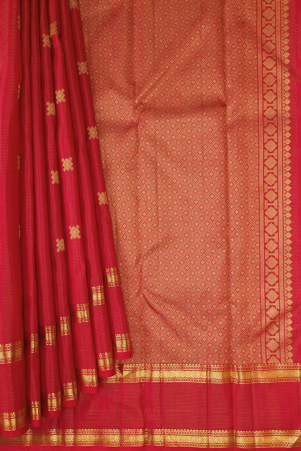 Pleats and pallu of Pure Silk Pure Zari Red Dual Tone Kanjivaram Saree with Stripes on the body and Zari Border. 