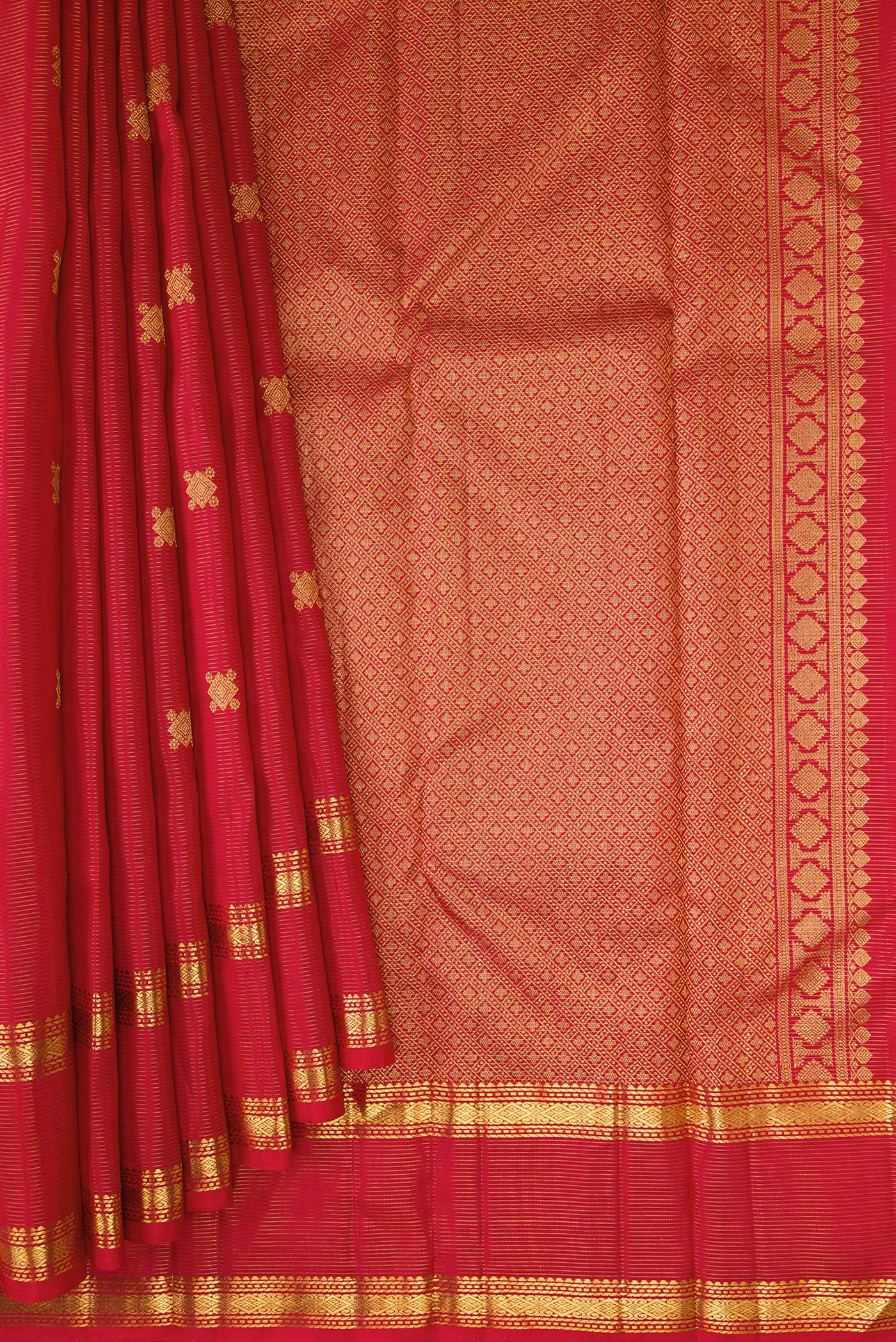 Pleats and pallu of Pure Silk Pure Zari Red Dual Tone Kanjivaram Saree with Stripes on the body and Zari Border. 