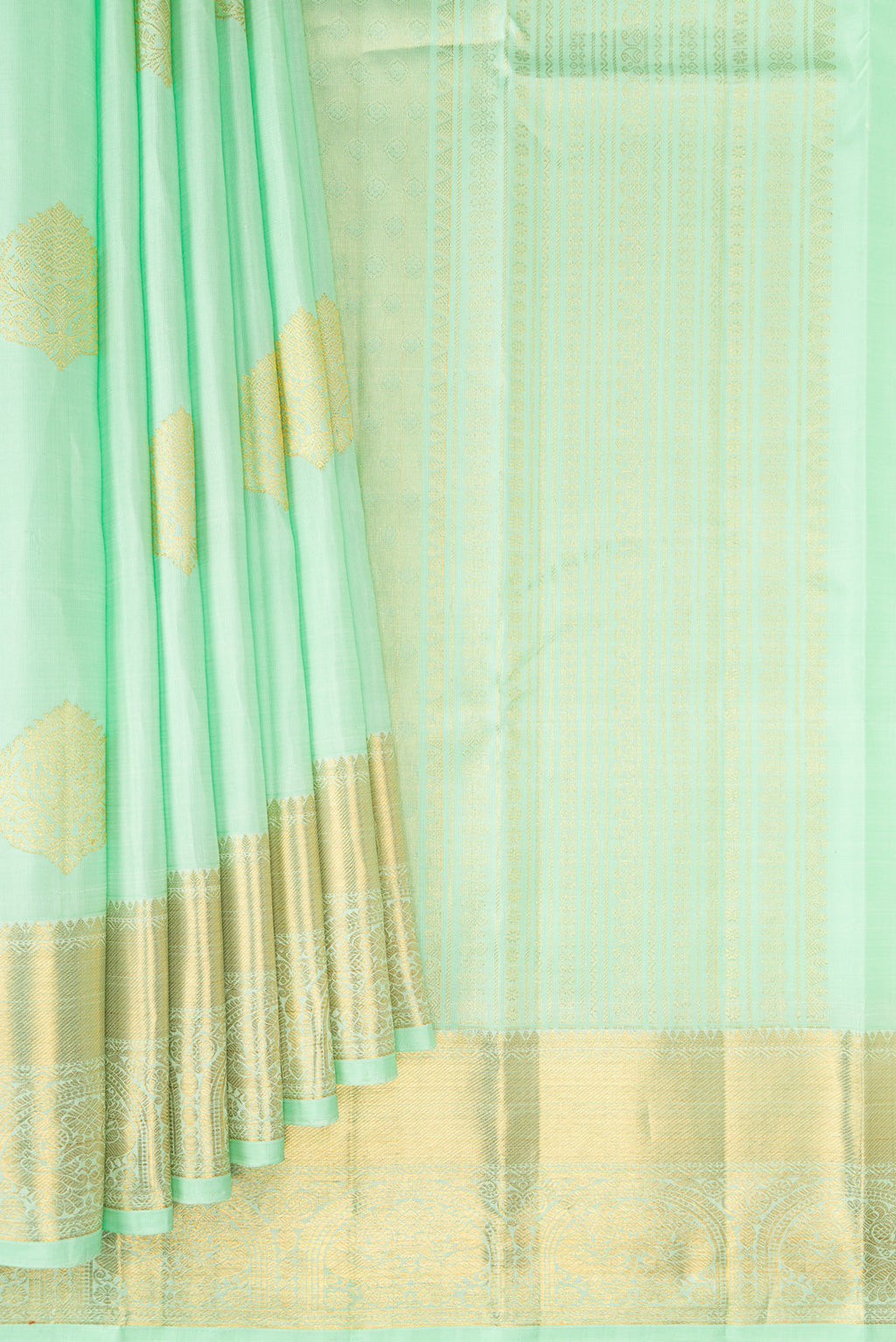 Pleats and pallu of Pista Green Kanjivaram Silk Saree with Zari Butta on the body and Zari Border. 
