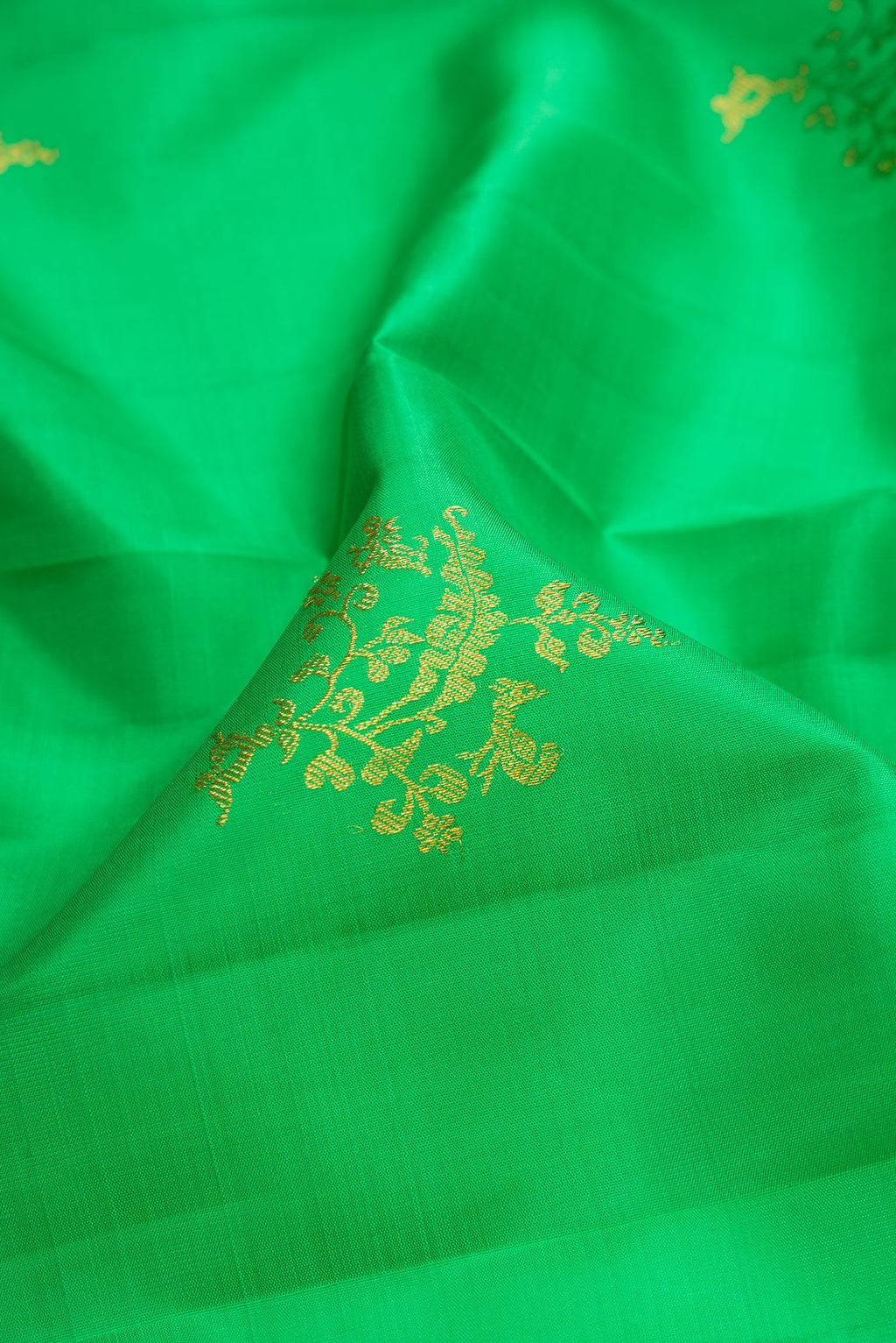 Close up of Green Kanchipuram Silk Saree with Zari Butta on the body and Fancy Border.  displaying folds