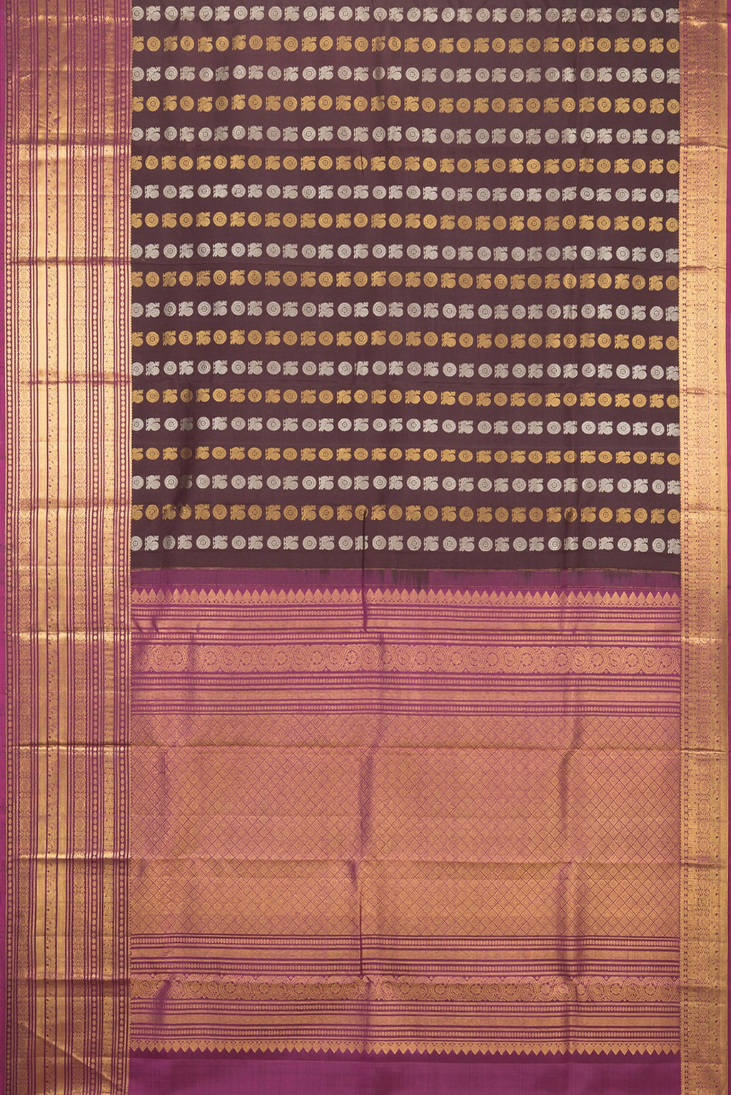 Flat view of Pure Silk Coffee Brown Kanjivaram Saree with Zari Butta on the body and Zari Border. 