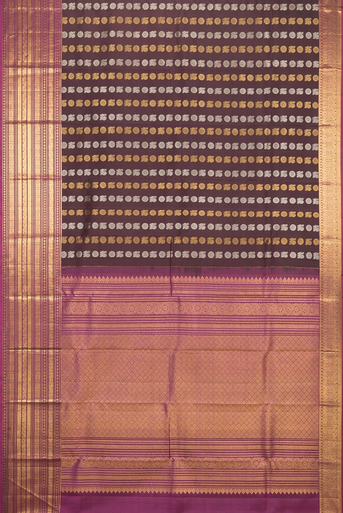 Flat view of Pure Silk Coffee Brown Kanjivaram Saree with Zari Butta on the body and Zari Border. 