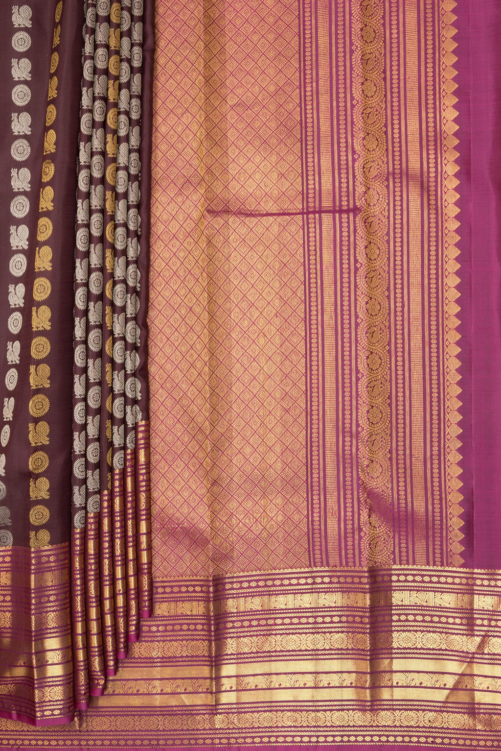 Pleats and pallu of Pure Silk Coffee Brown Kanjivaram Saree with Zari Butta on the body and Zari Border. 