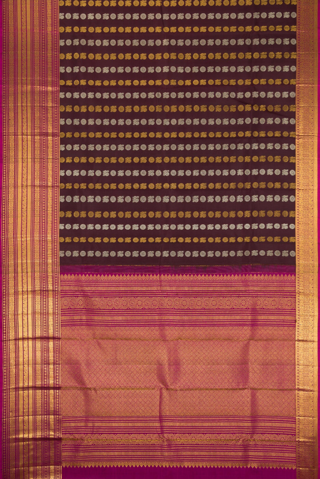 Flat view of Coffee Brown Kanjivaram Silk Saree with Zari Butta on the body and Zari Border. 