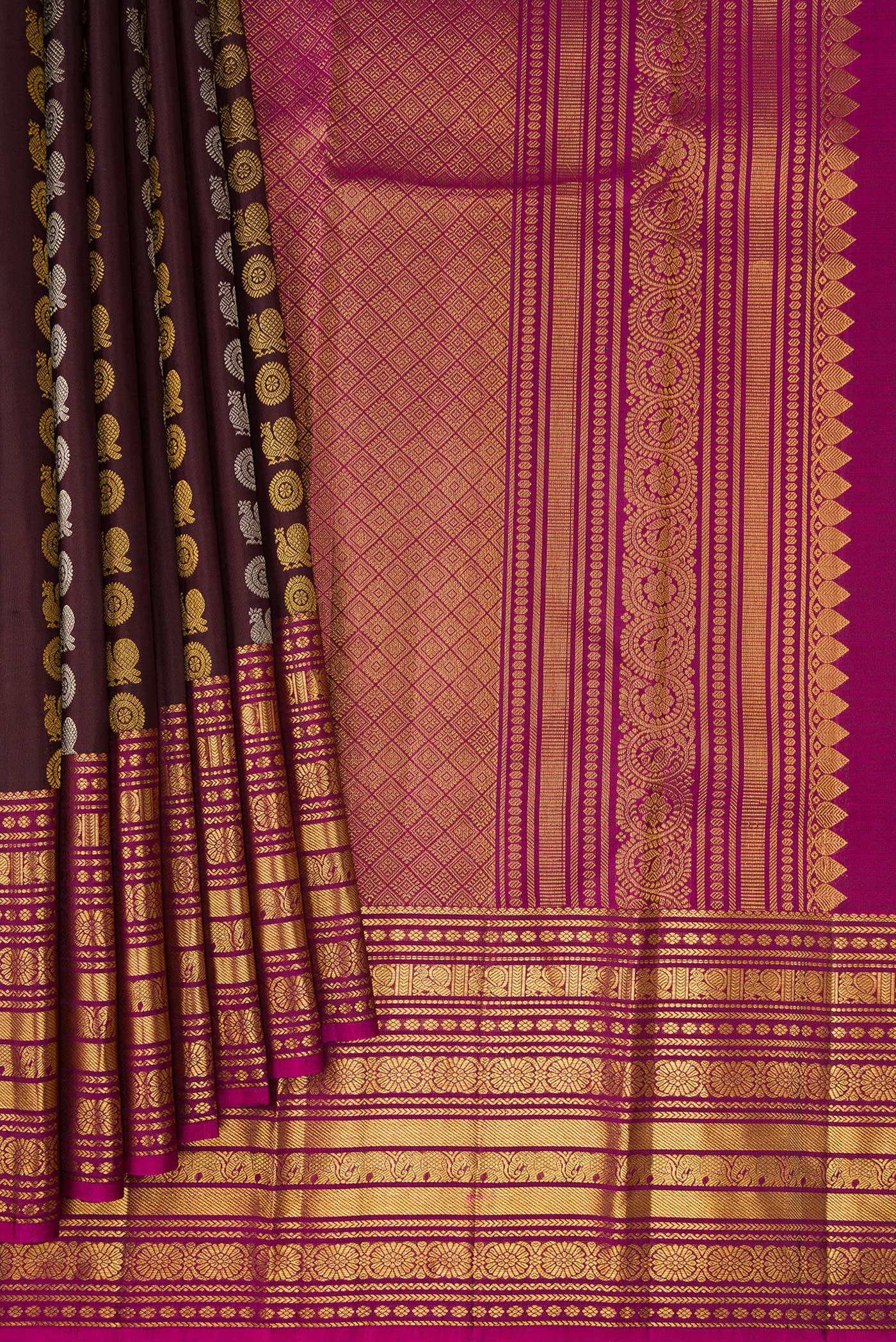 Pleats and pallu of Coffee Brown Kanjivaram Silk Saree with Zari Butta on the body and Zari Border. 