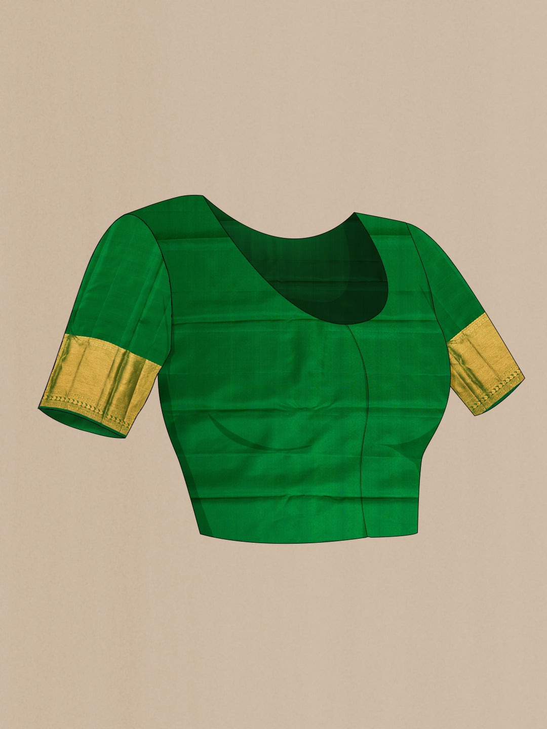 Close up image of the blouse of Green Kanchipuram Silk Saree with Zari Brocade on the body and Zari Border. 