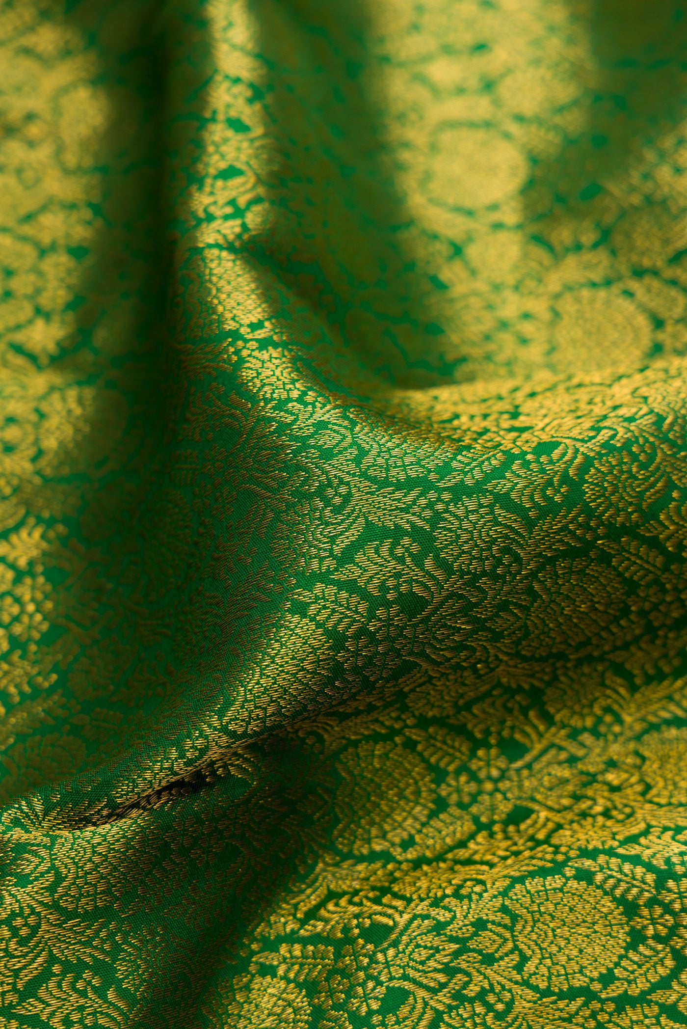 Close up of Green Kanchipuram Silk Saree with Zari Brocade on the body and Zari Border.  displaying folds