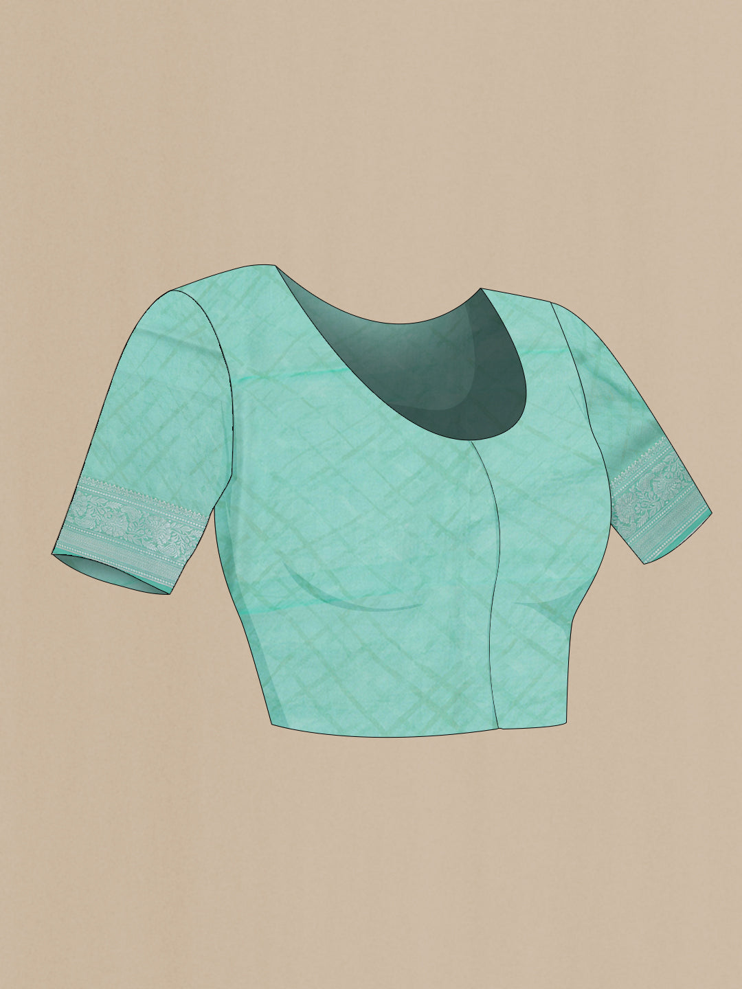 Close up image of the blouse of Sea Green Organza Silk Saree with Floral Print on the body and Zari Border. 