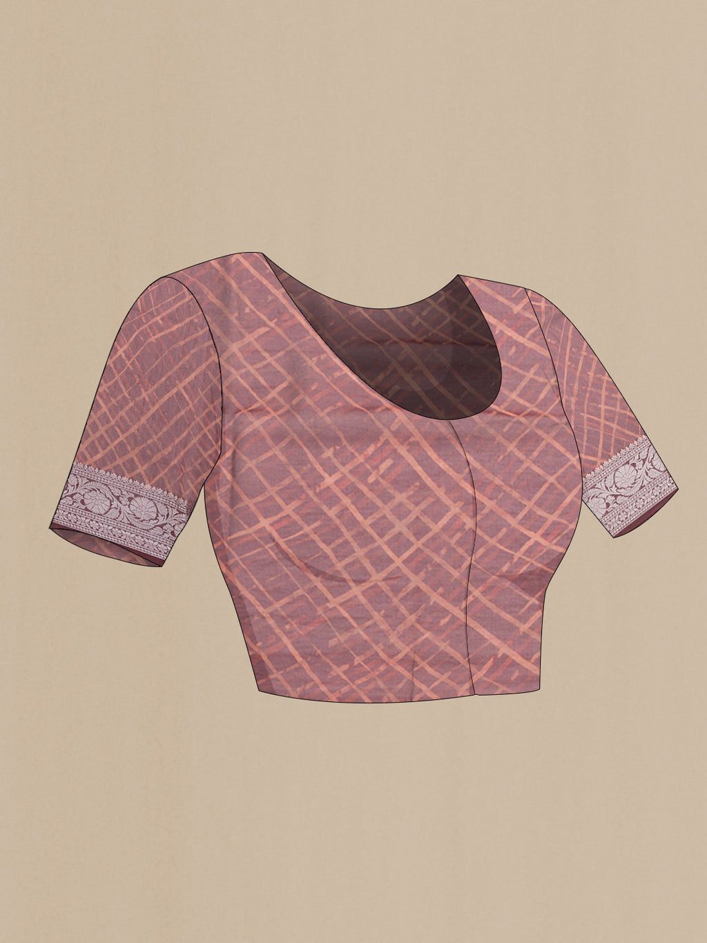 Close up image of the blouse of Rust Organza Silk Saree with Printed design on the body and Zari Border. 
