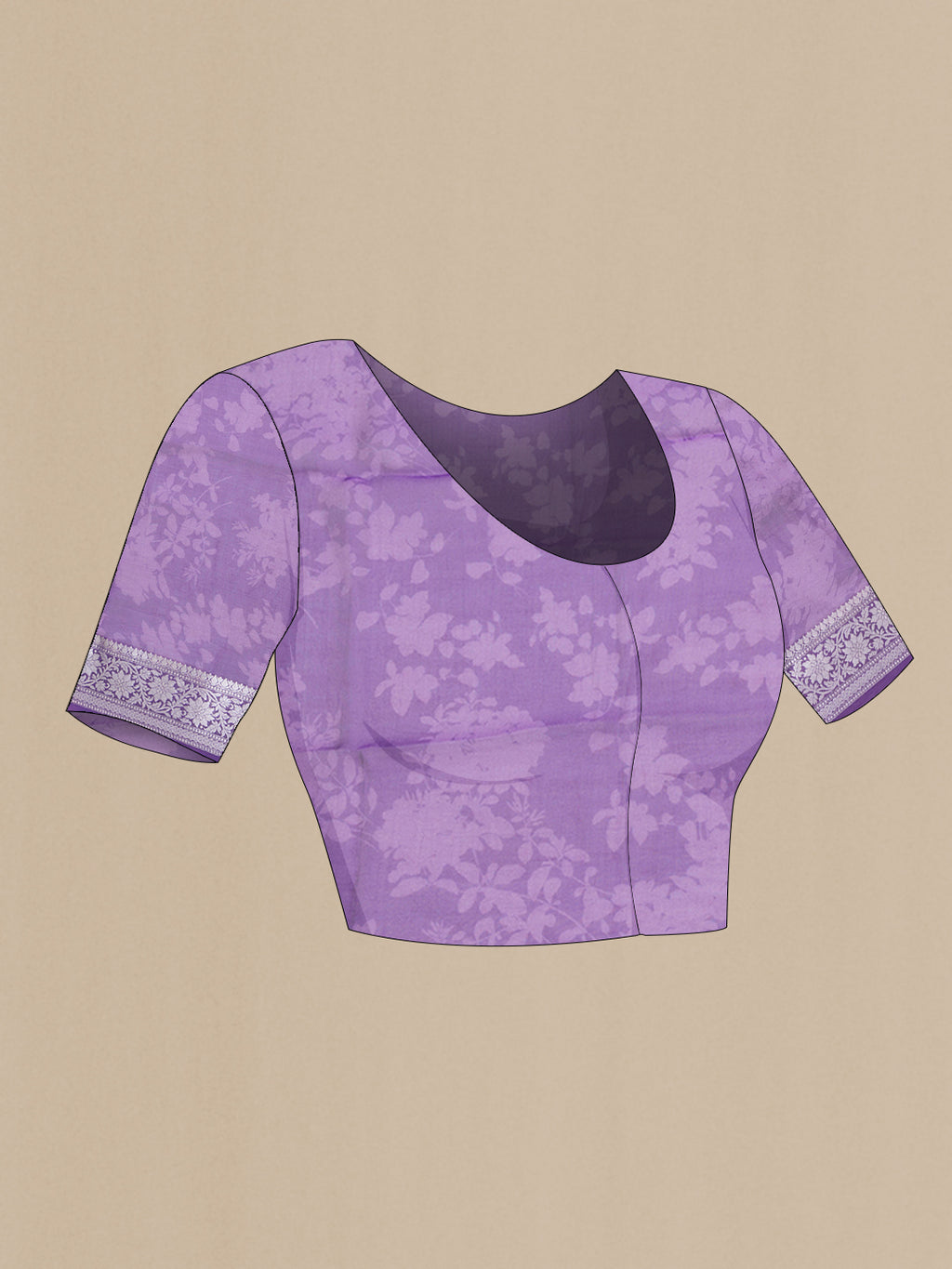 Close up image of the blouse of Lavender Organza Silk Saree with Floral Print on the body and Zari Border. 