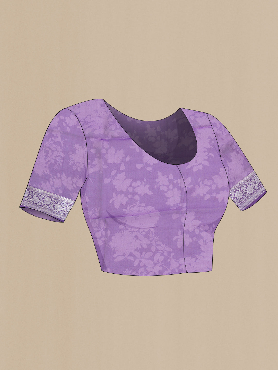Close up image of the blouse of Lavender Organza Silk Saree with Floral Print on the body and Zari Border. 