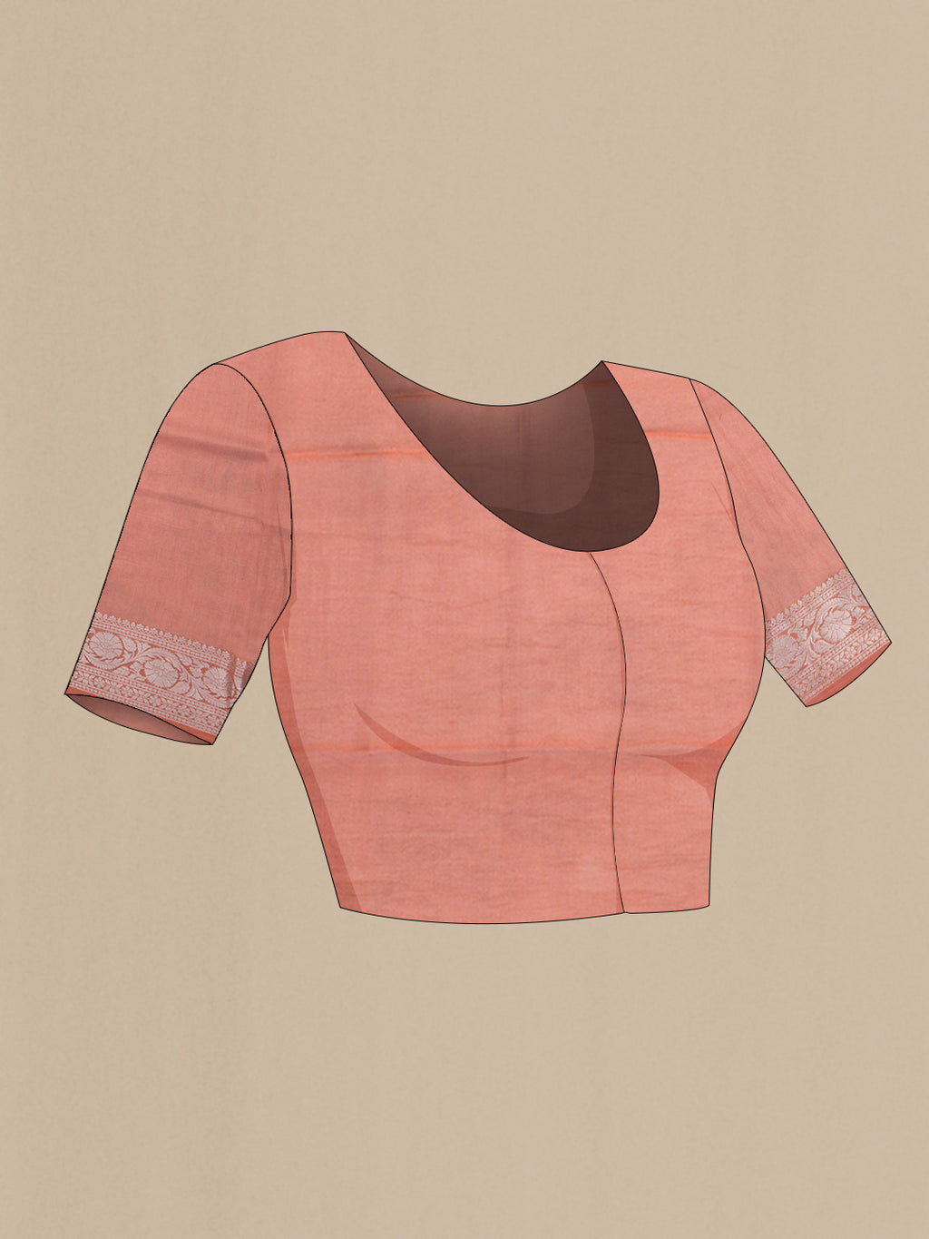 Close up image of the blouse of Golden Peach Organza Silk Saree with Floral Print on the body and Zari Border. 