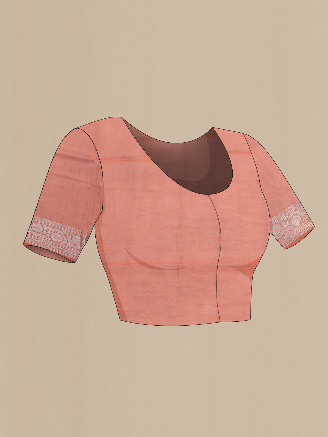 Close up image of the blouse of Golden Peach Organza Silk Saree with Floral Print on the body and Zari Border. 