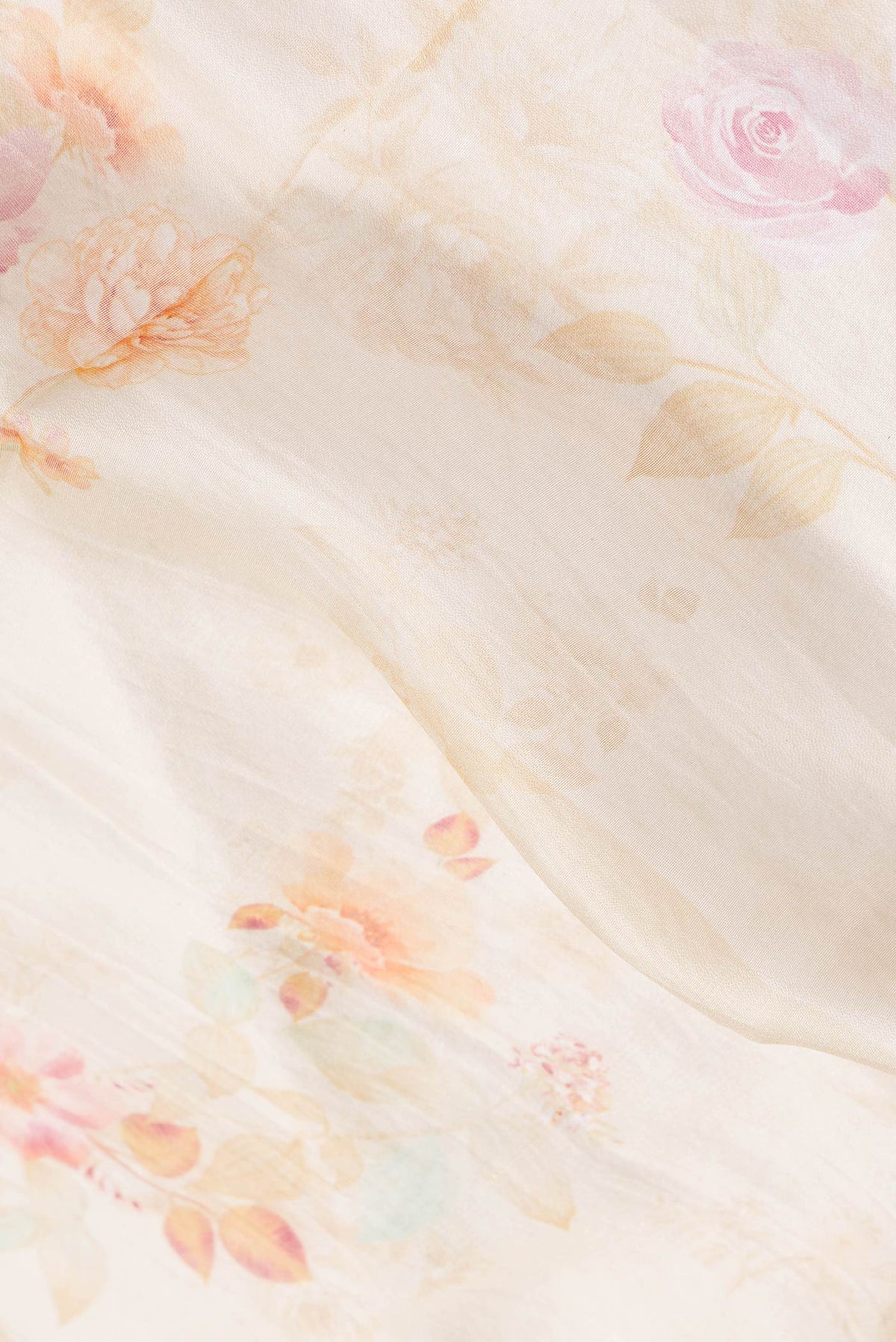 Close up of Beige Dual Tone Organza Silk Saree with Printed design on the body and Zari Border.  displaying folds