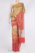 Pure Silk Multi Color Tussar Saree with Stripes on the body and Without Border.  displayed on a mannequin