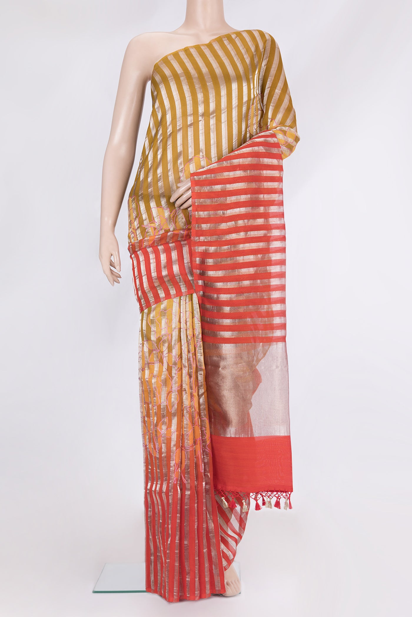 Pure Silk Multi Color Tussar Saree with Stripes on the body and Without Border.  displayed on a mannequin