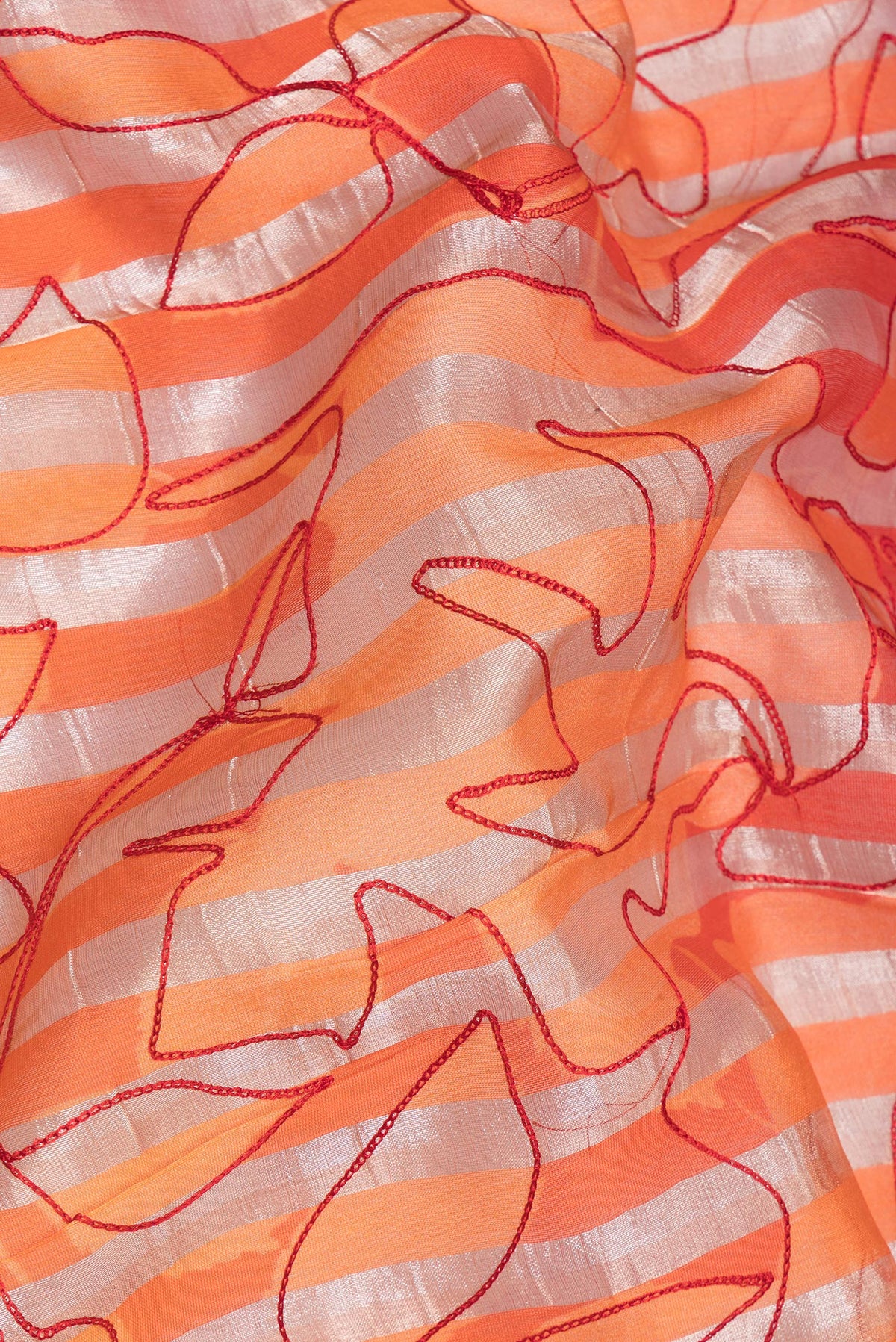 Close up of Pure Silk Multi Color Tussar Saree with Stripes on the body and Without Border.  displaying folds