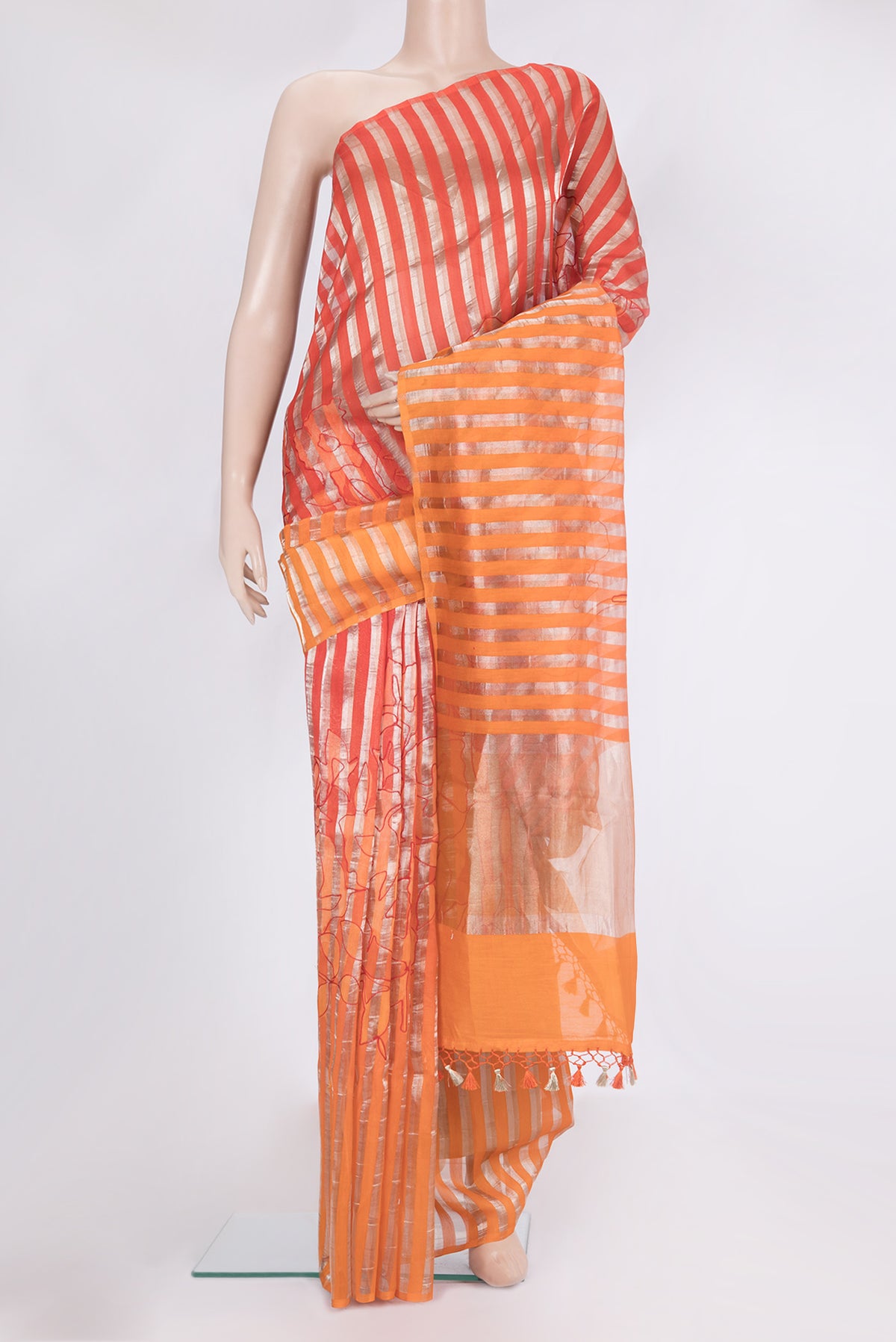 Pure Silk Multi Color Tussar Saree with Stripes on the body and Without Border.  displayed on a mannequin