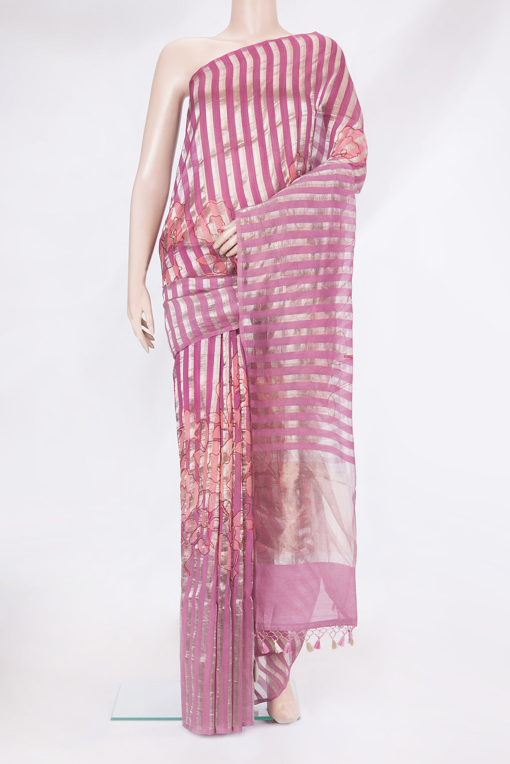 Purple Organza Silk Saree with Stripes on the body and Without Border.  displayed on a mannequin